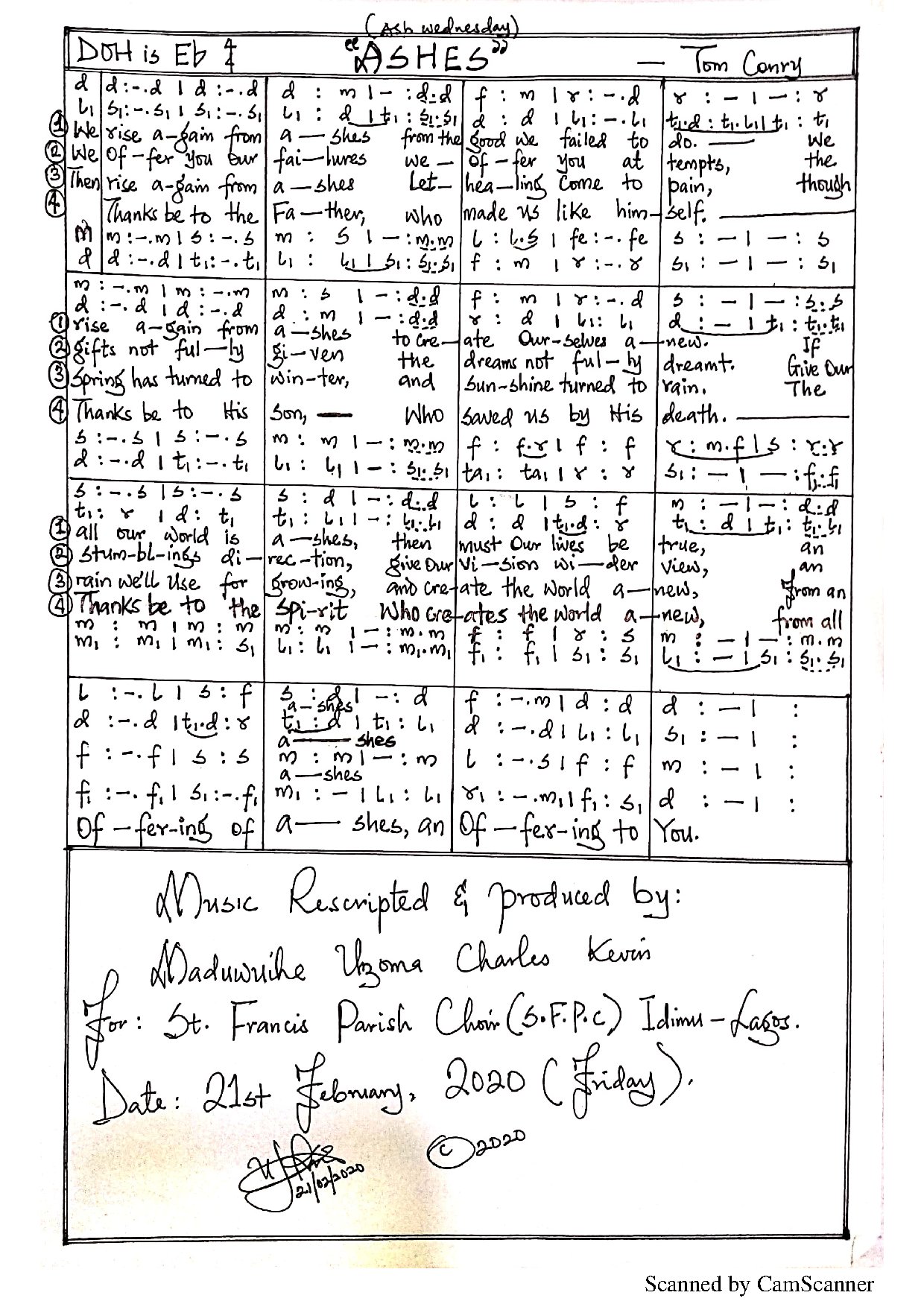(Lent) Ashes By Tom Conry - Download Choir Script PDF