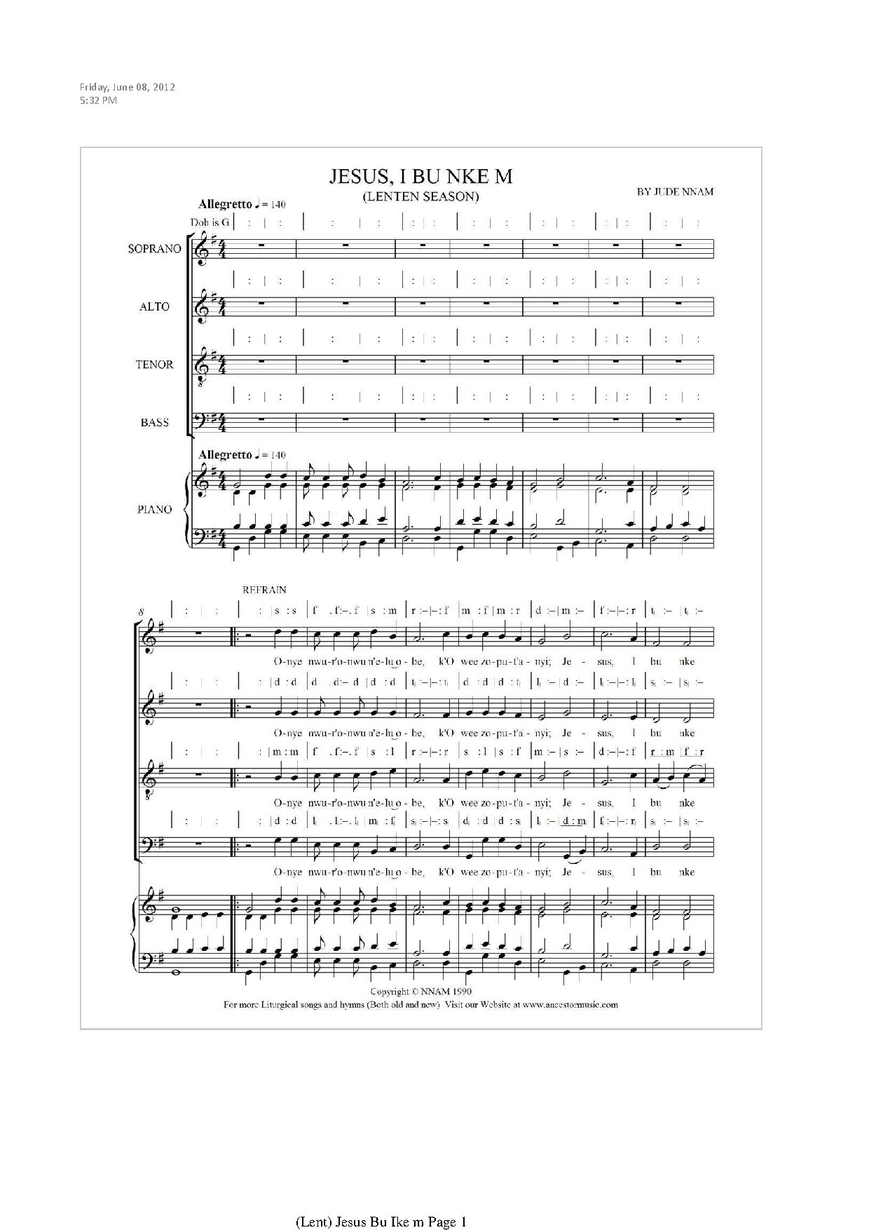 (Lent) Jesus I Bu Nke M - Jude Nnam - Download Choir Script PDF