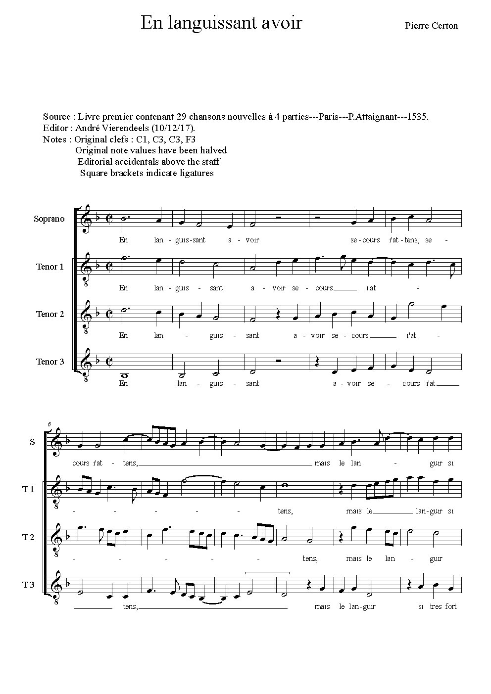 En languissant avoir secours - Choir Script PDF Thumbnail