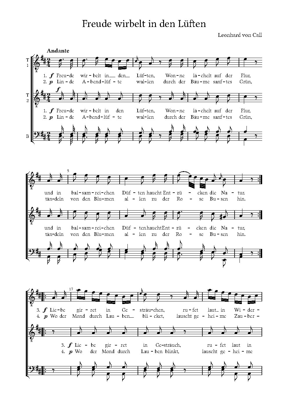 Freude wirbelt in den Lüften|Gesänge für 4 Singstimmen, Op.110