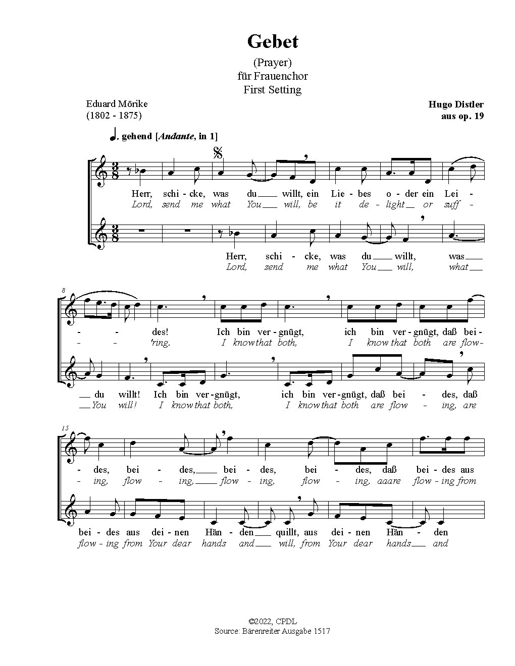 Gebet (1. Fassung) - Choir Script PDF Thumbnail