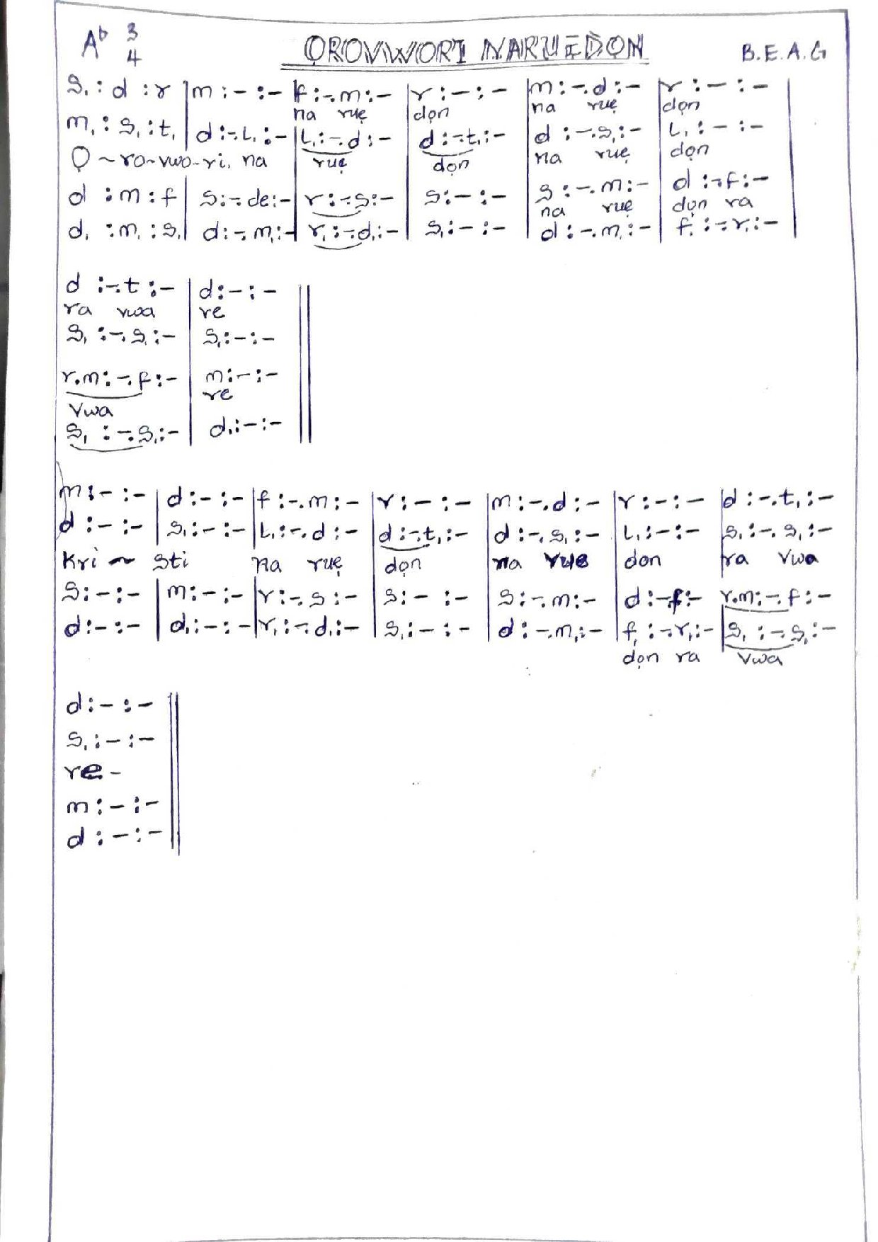 Orovwori Na Rue Don Beag - Download Choir Script PDF