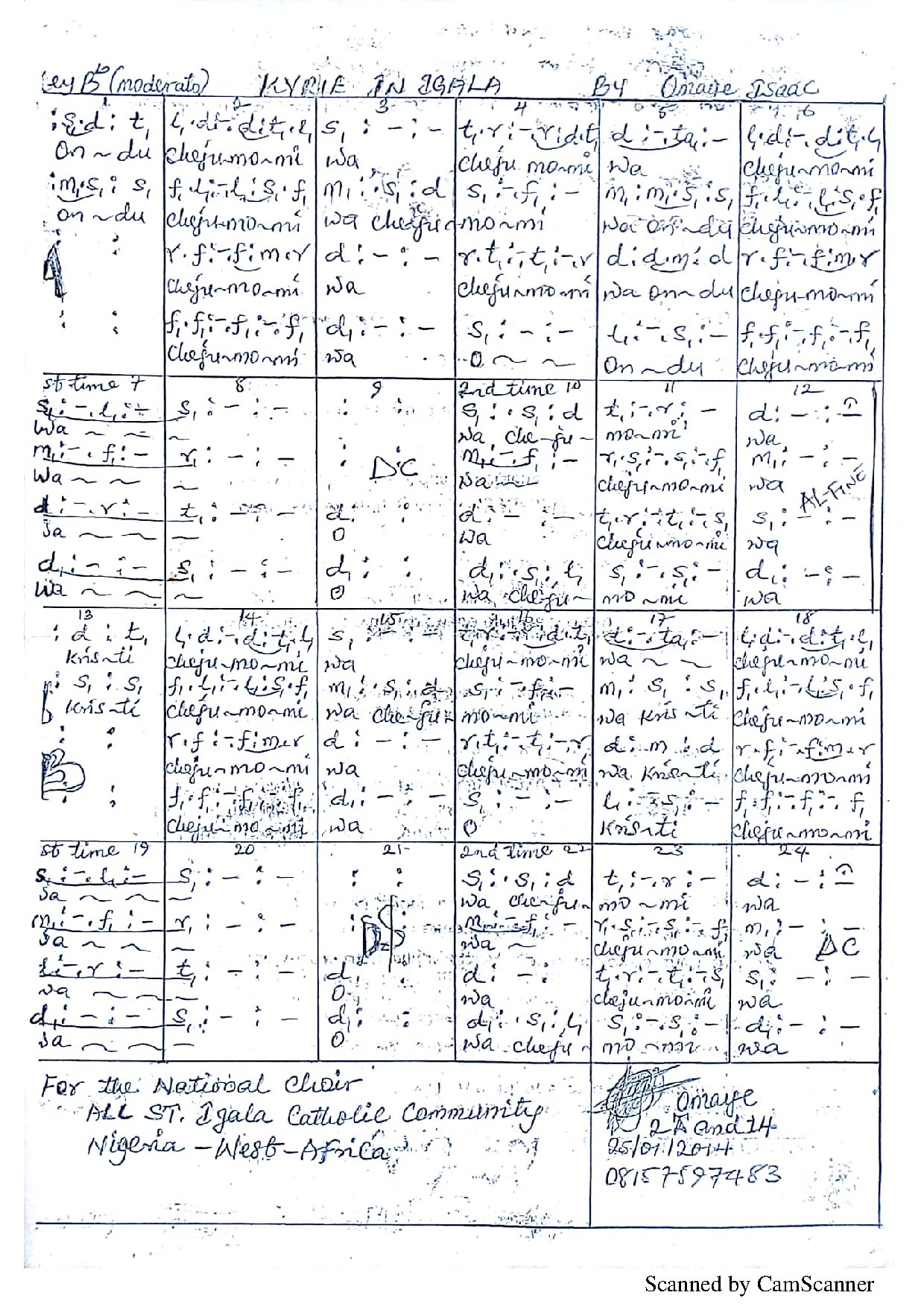Ondu Chejumomiwa (kyrie In Igala) ~ Omaye Isaac - Download Choir Script PDF