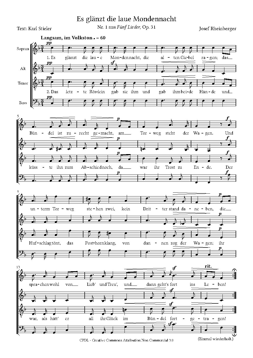 Es glänzt die laue Mondennacht, Op. 31, No. 1 - Choir Script PDF Thumbnail
