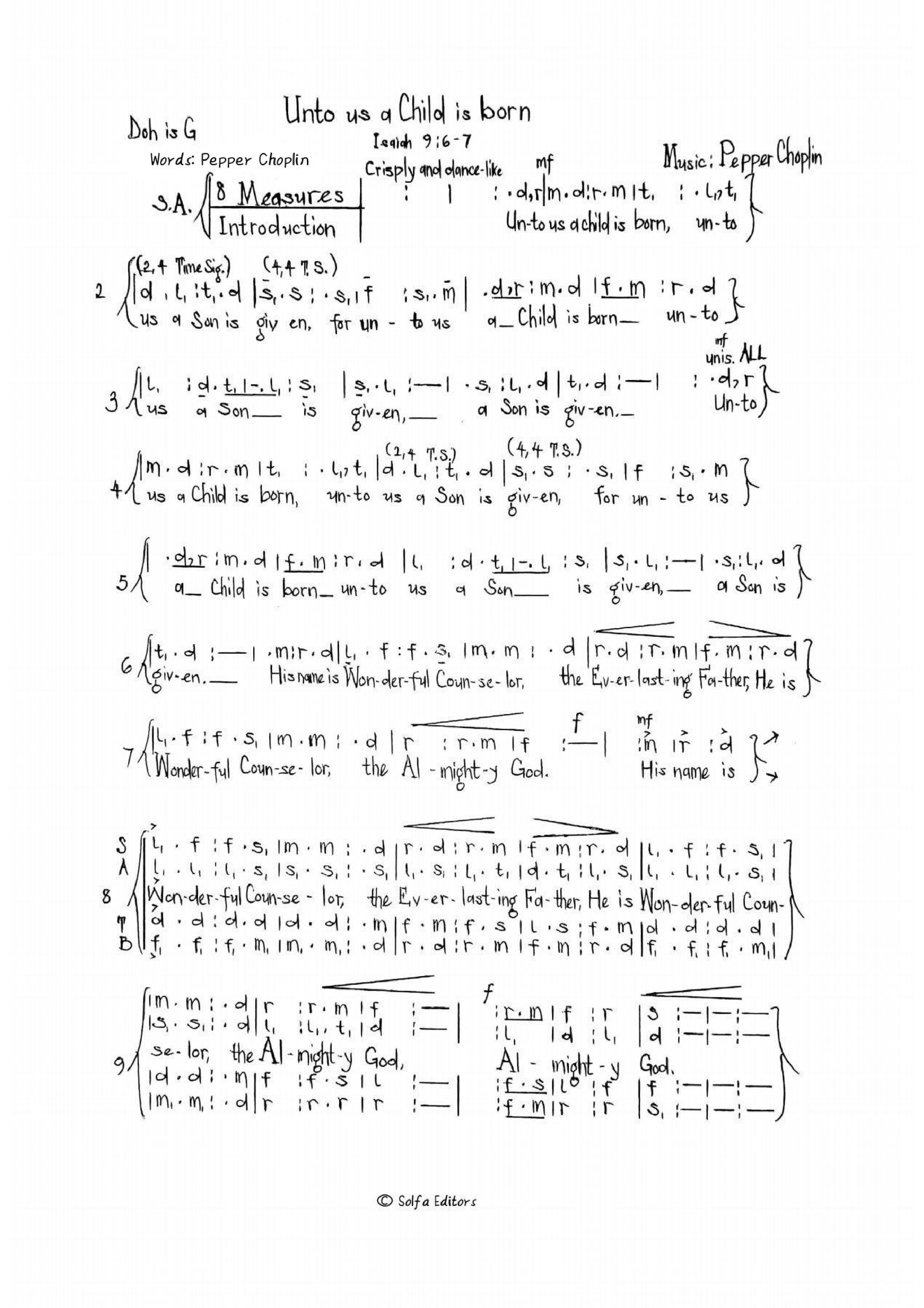 (Xmas) Unto Us A Child Is Born - Pepper Choplin - Download Choir Script PDF