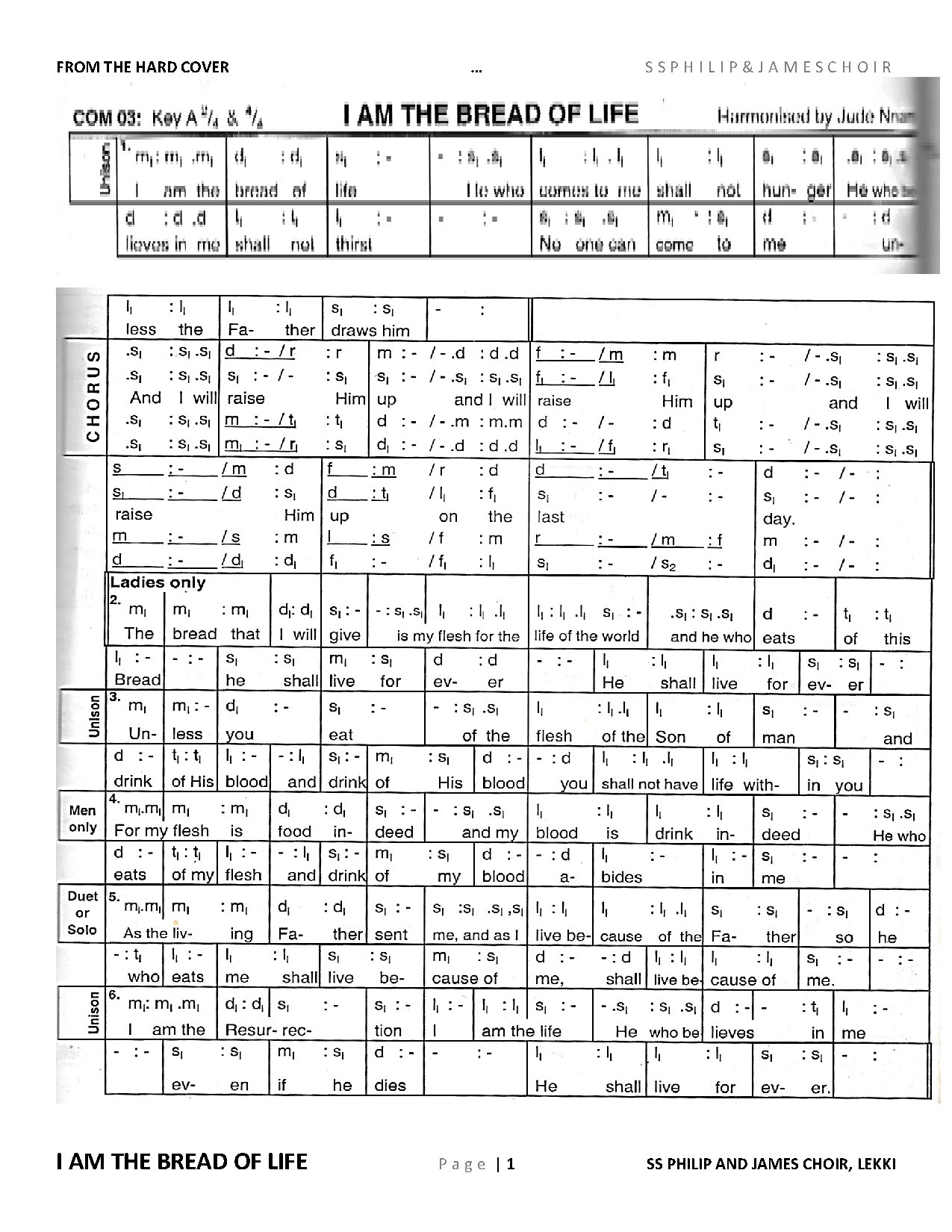 Solfa - I Am The Bread Of Life Aka I Will Raise Him Up By Unknown Scr Unknown In Hard Cover - Communion - English - Download Choir Script PDF