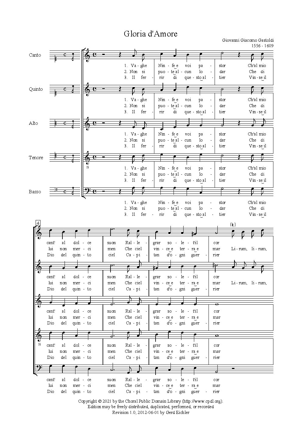 Gloria d´Amore (Vaghe Ninfe e voi pastor) - Choir Script PDF Thumbnail