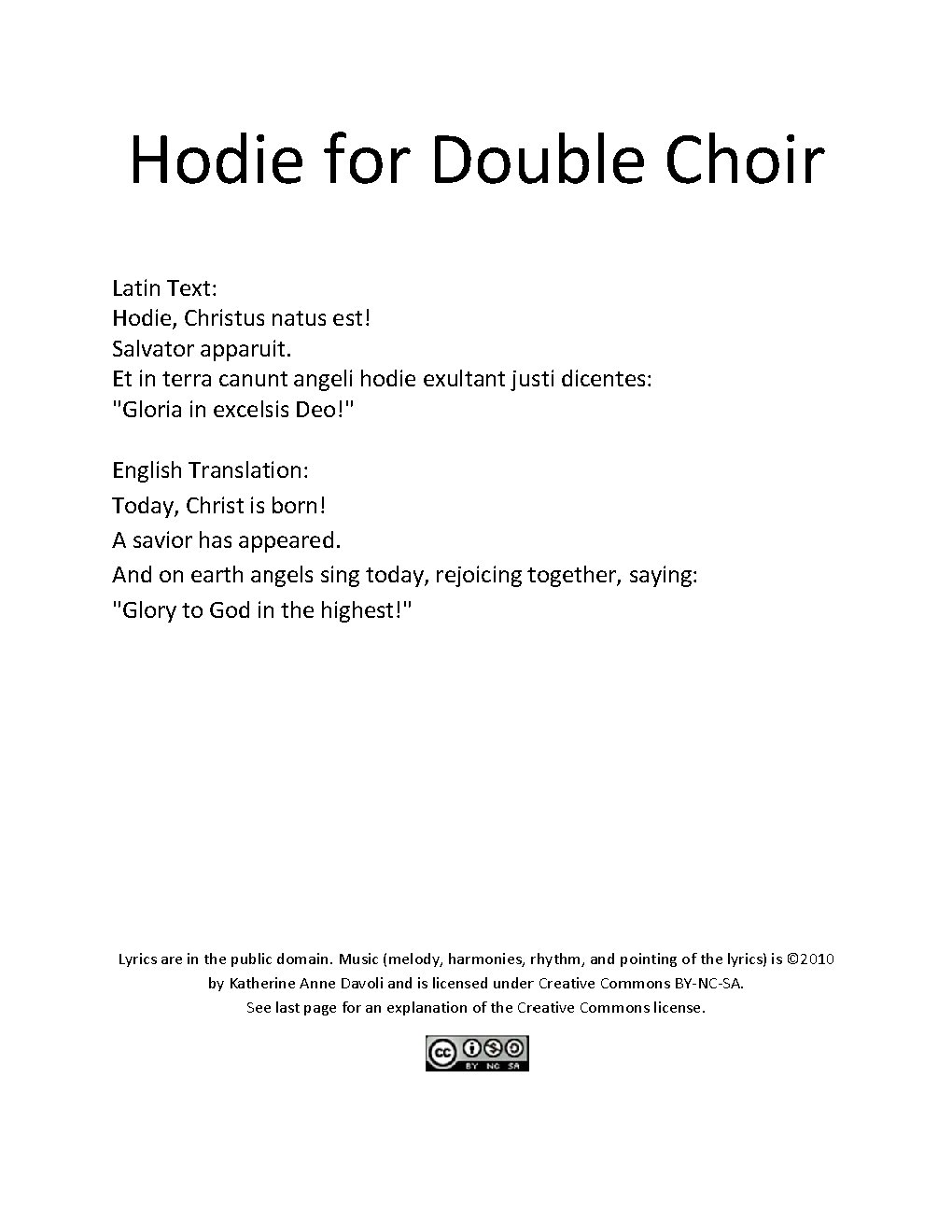 Hodie for Double Choir