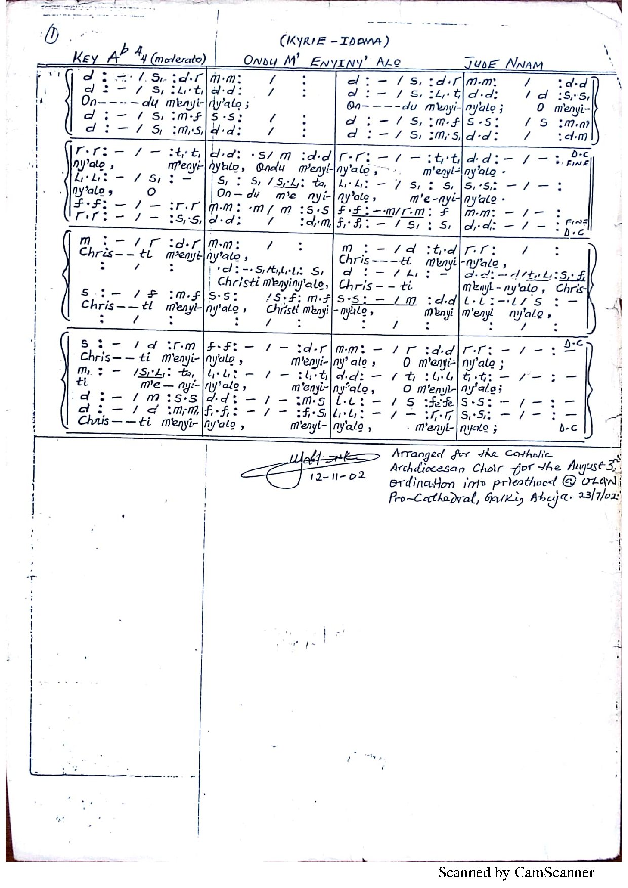 Ondu M Enyiny Alo (kyrie In Idoma) ~ Jude Nnam - Download Choir Script PDF
