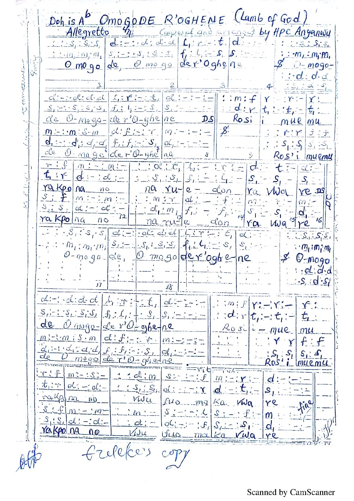 Omogode R Oghene (lamb Of God) ~ H.p.c Anyanwu - Download Choir Script PDF
