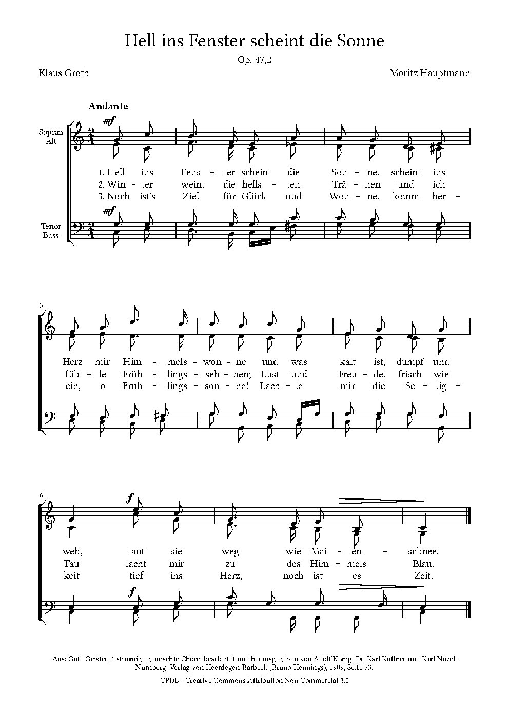 Hell ins Fenster scheint die Sonne|Sechs vierstimmige Lieder für Sopran, Alt, Tenor und Bass, Op. 47
