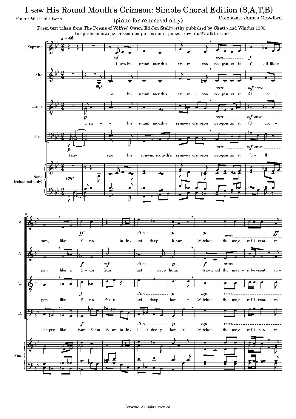 I saw his round mouth's crimson. Choral Edition.