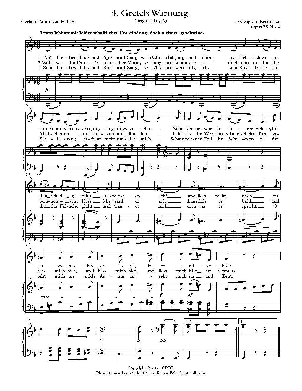 Gretels Warnung, Op. 75 No. 4 - Choir Script PDF Thumbnail