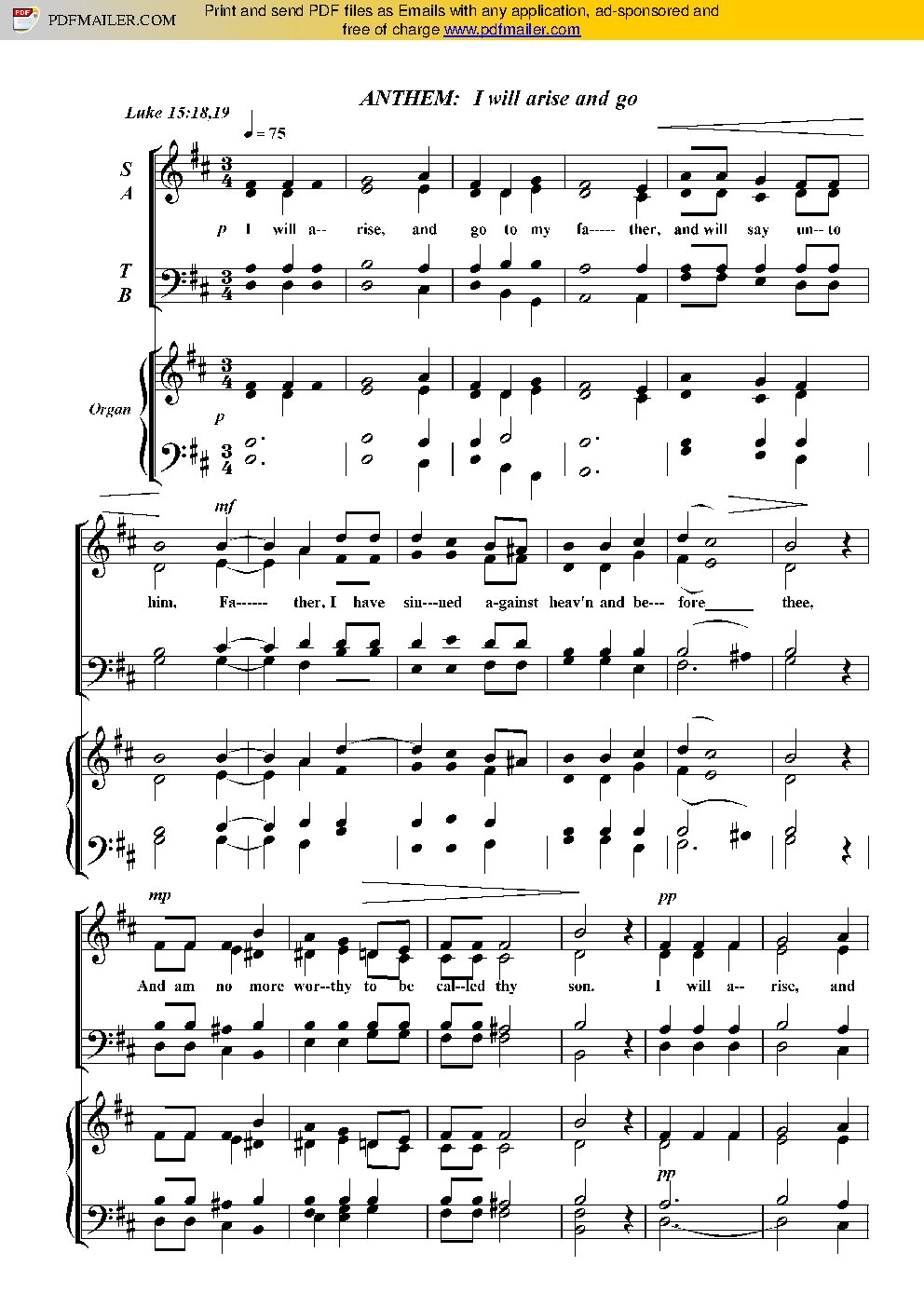 I will arise and go - Choir Script PDF Thumbnail