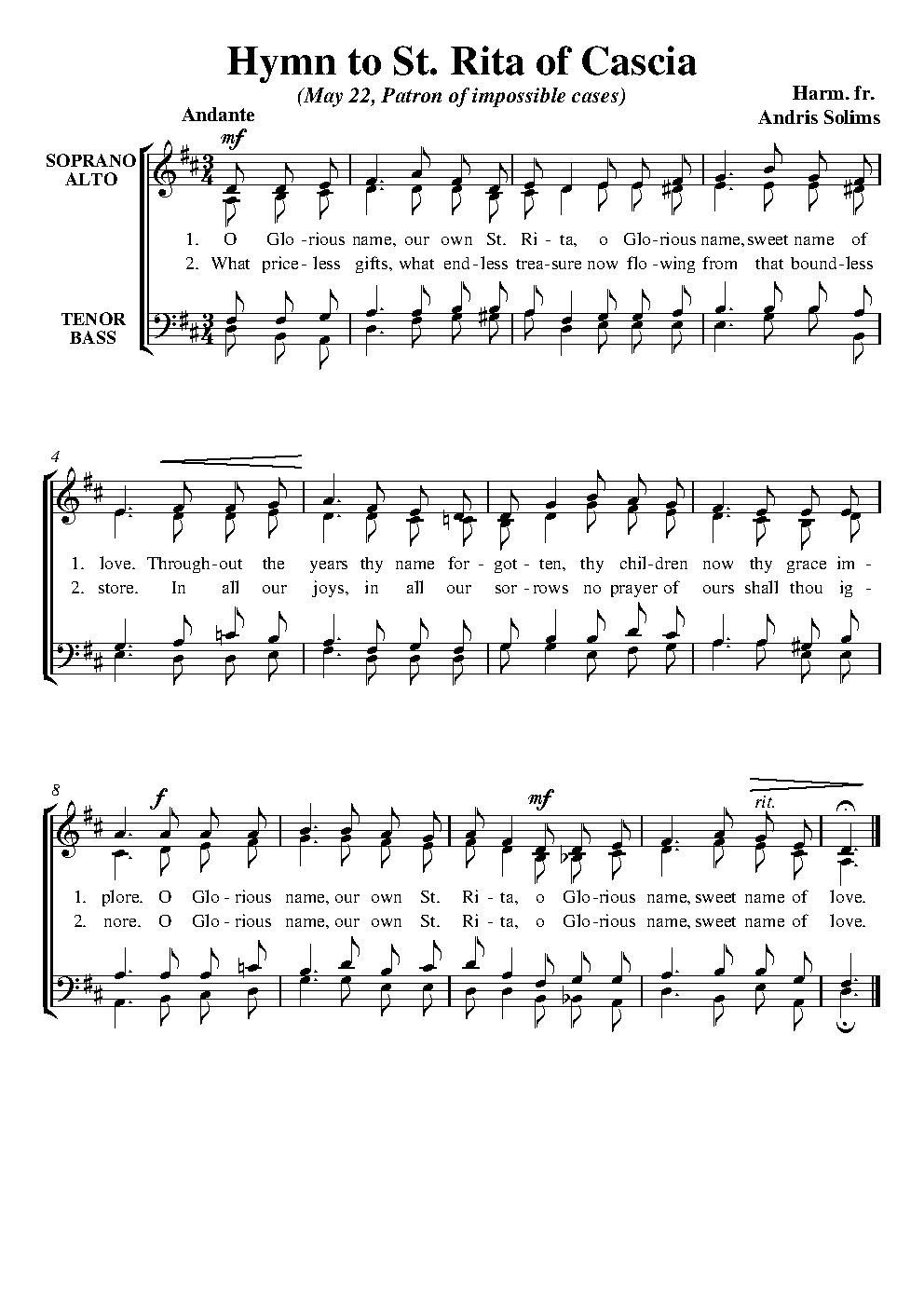 Hymn to St. Rita of Cascia - Choir Script PDF Thumbnail