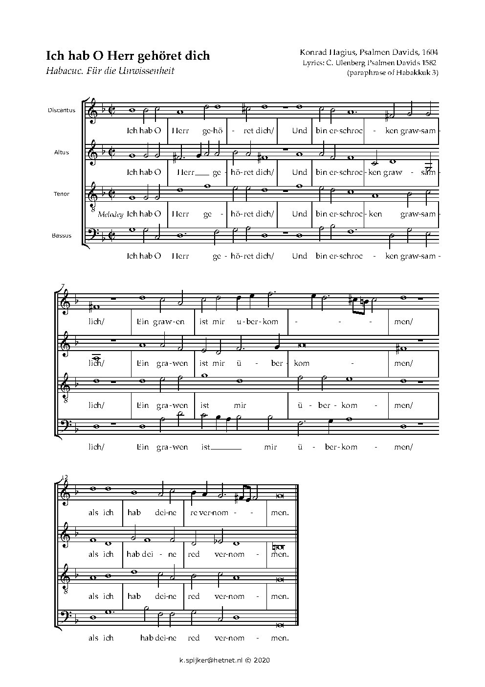 Ich hab', o Herr, gehöret dich - Choir Script PDF Thumbnail