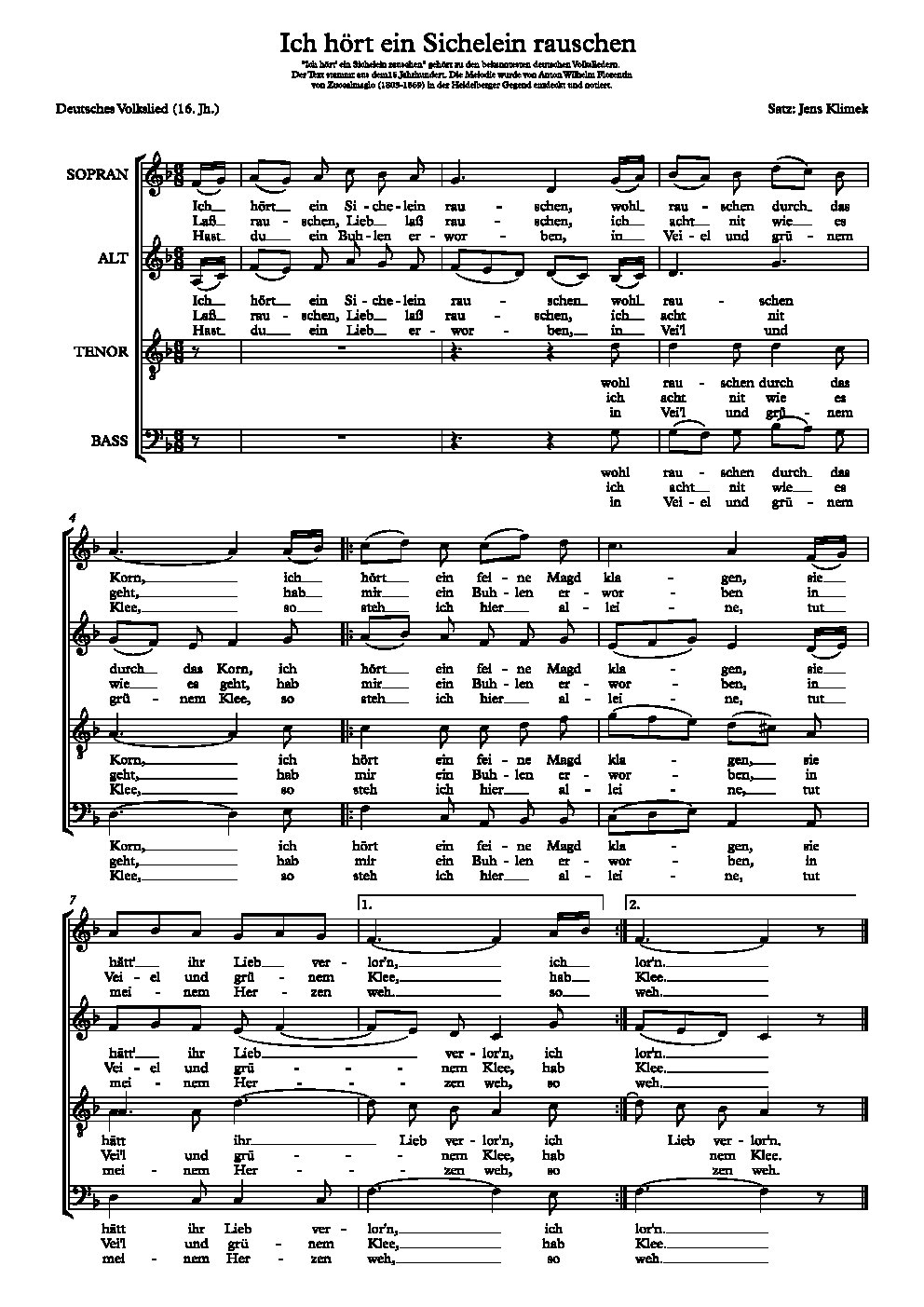 Ich hört ein Sichelein rauschen - Choir Script PDF Thumbnail