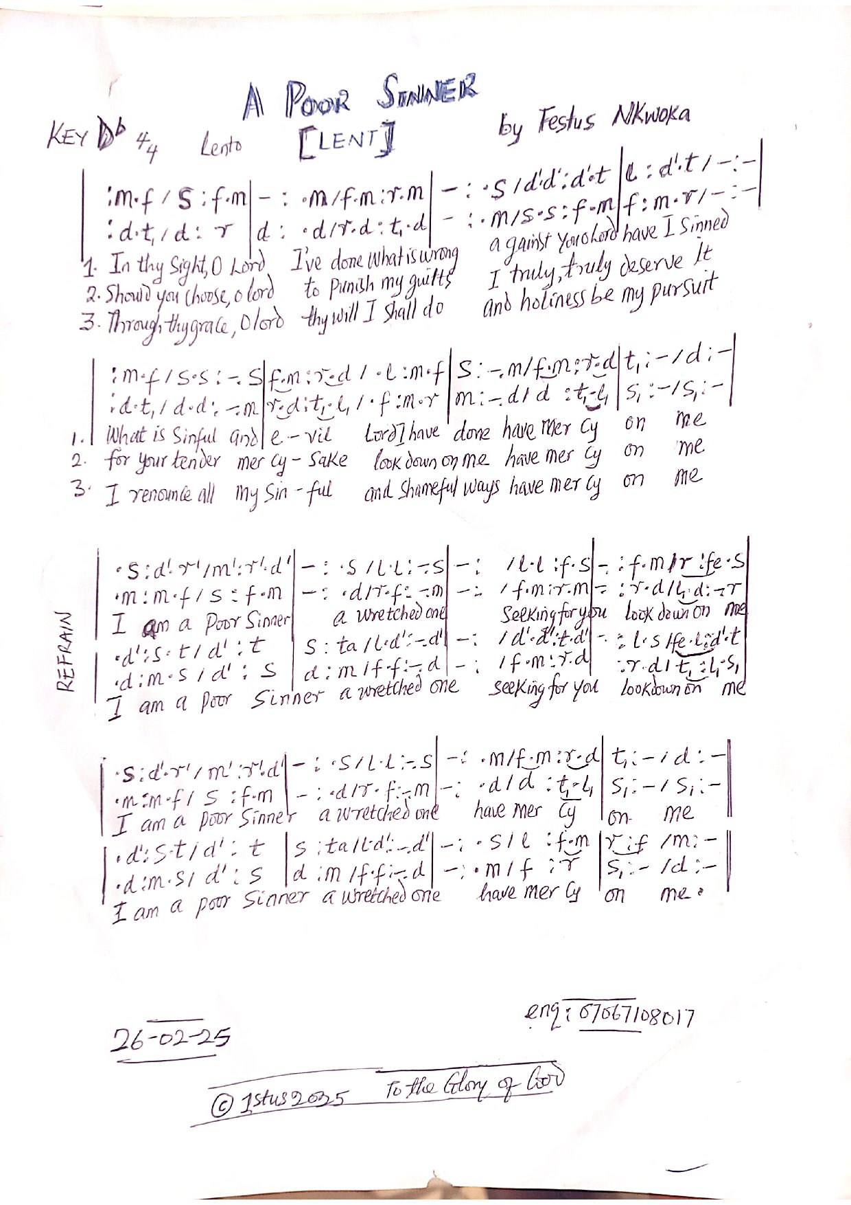 A Poor Sinner (lent) By Festus Nkwoka - Download Choir Script PDF