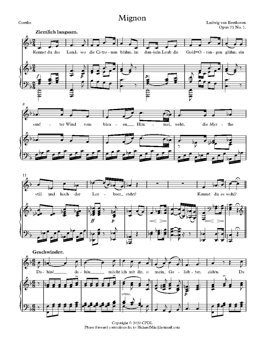 "Kennst du das Land" (Mignon), Op. 75 No. 1 - Choir Script PDF Thumbnail