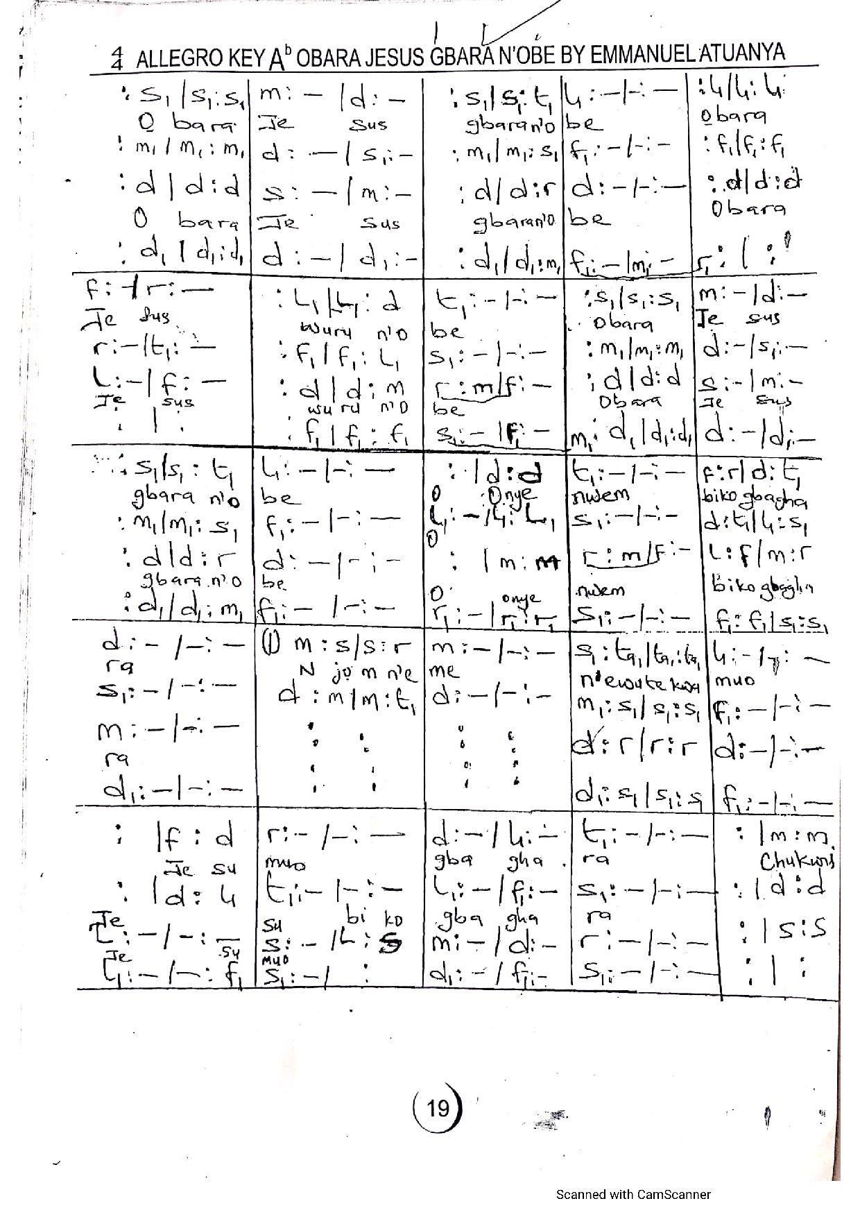 Obara Jesu Gbara N Obe ~ Emma Atuanya - Download Choir Script PDF