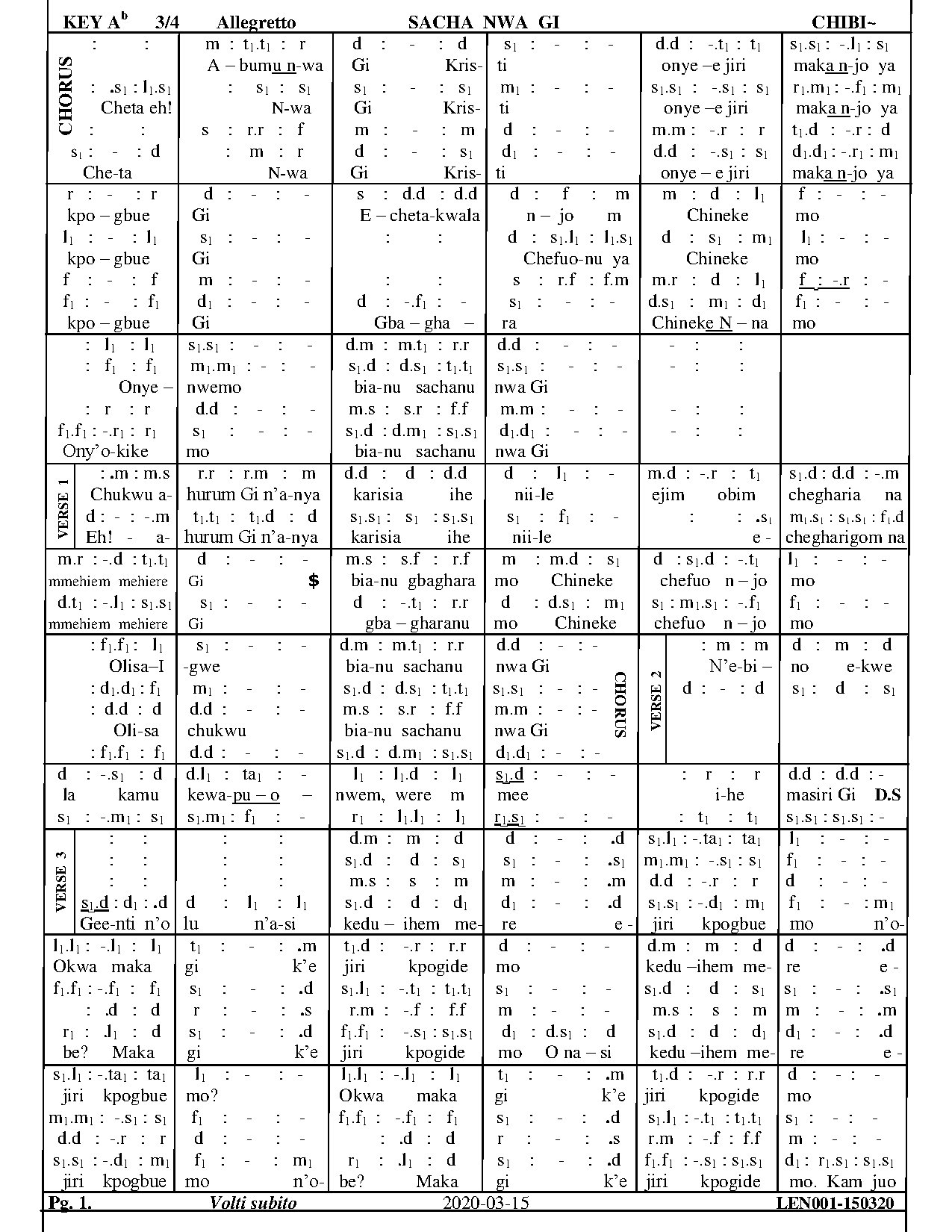 Sacha Nwa Gi By Chibi~ - Download Choir Script PDF