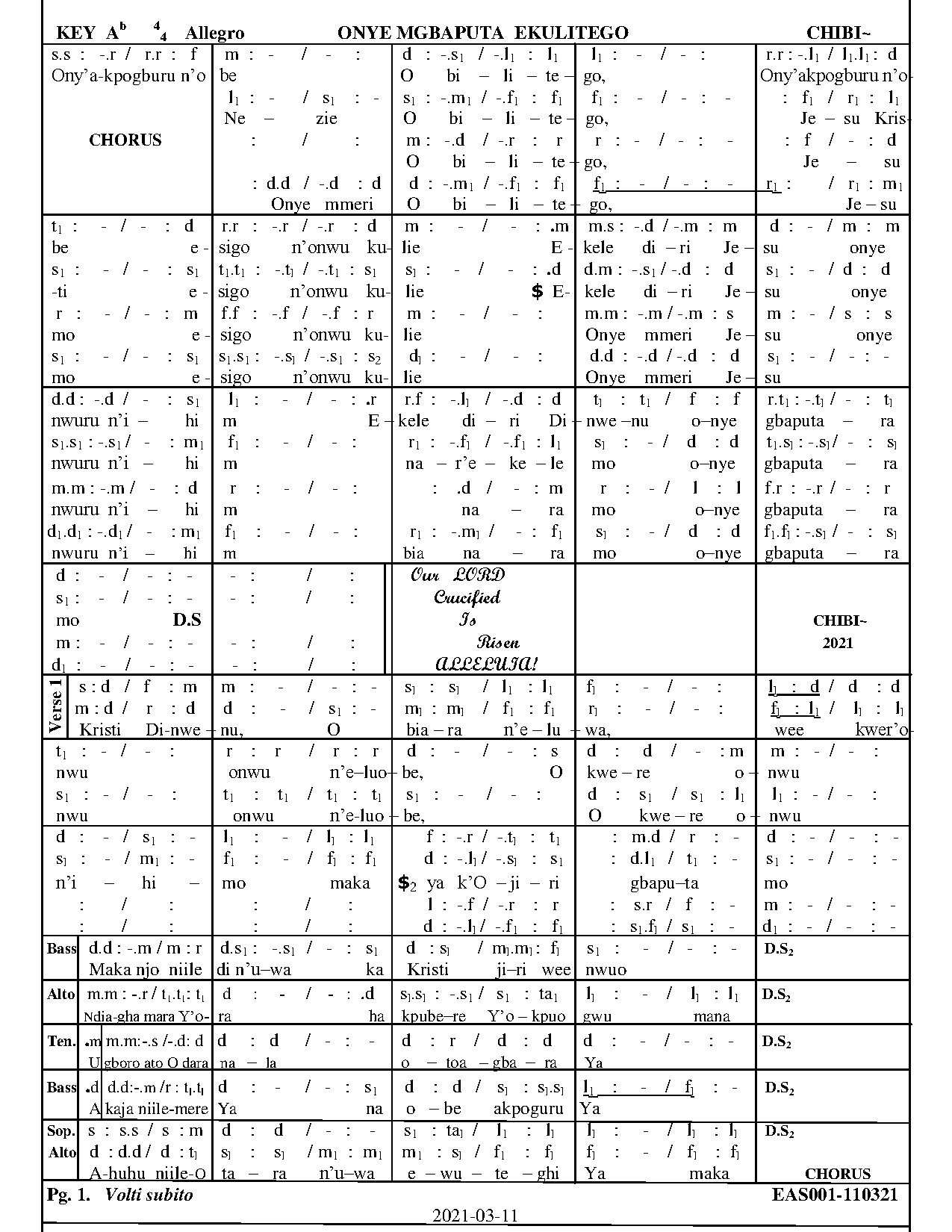 Onye Mgbaputa Ekulitego By Chibi~ - Download Choir Script PDF