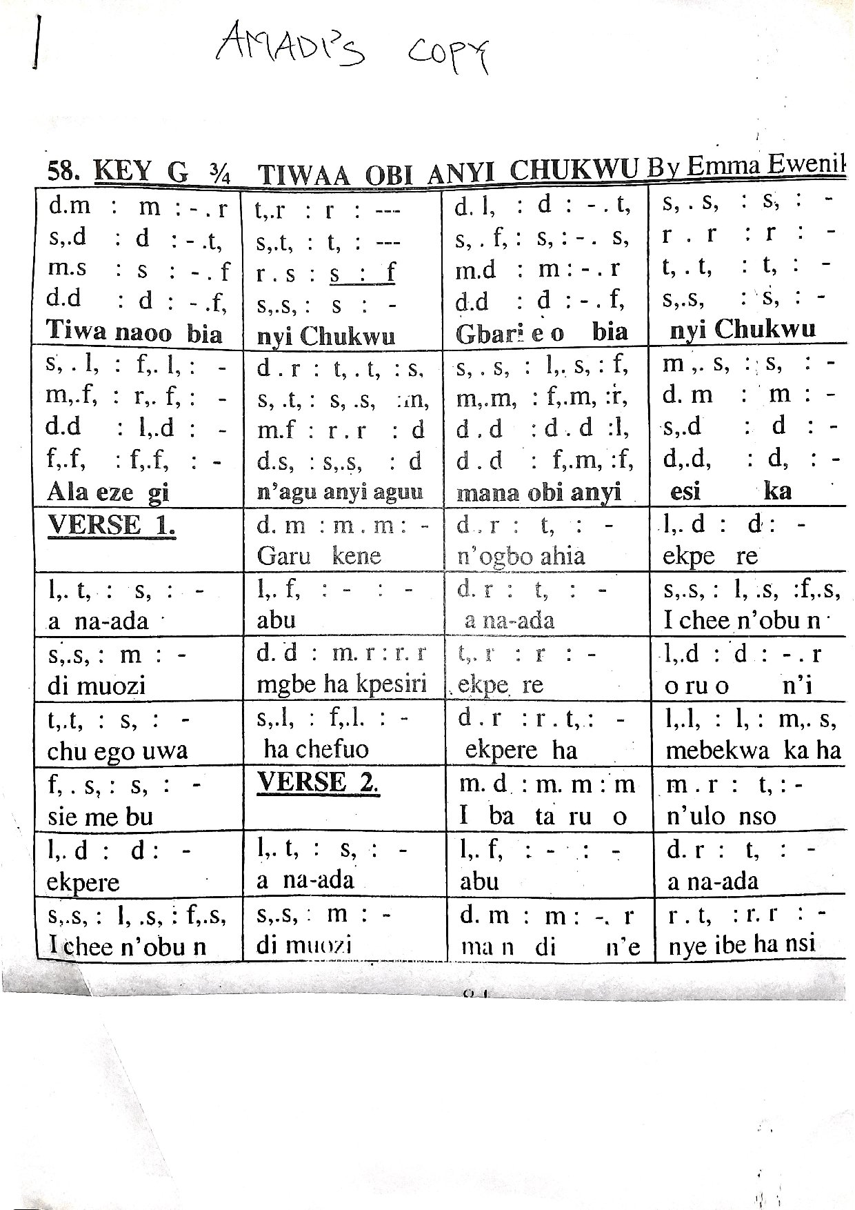 Tiwaa Obi Anyi Chukwu - Download Choir Script PDF