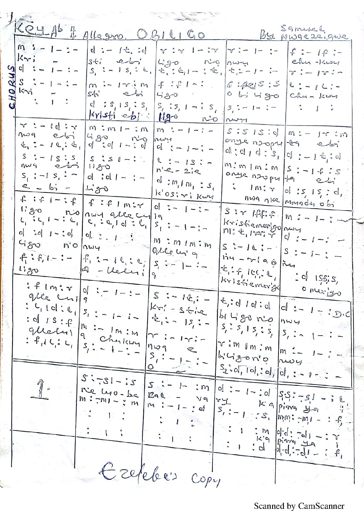 Obiligo ~ Samuel Nwezeigwe - Download Choir Script PDF
