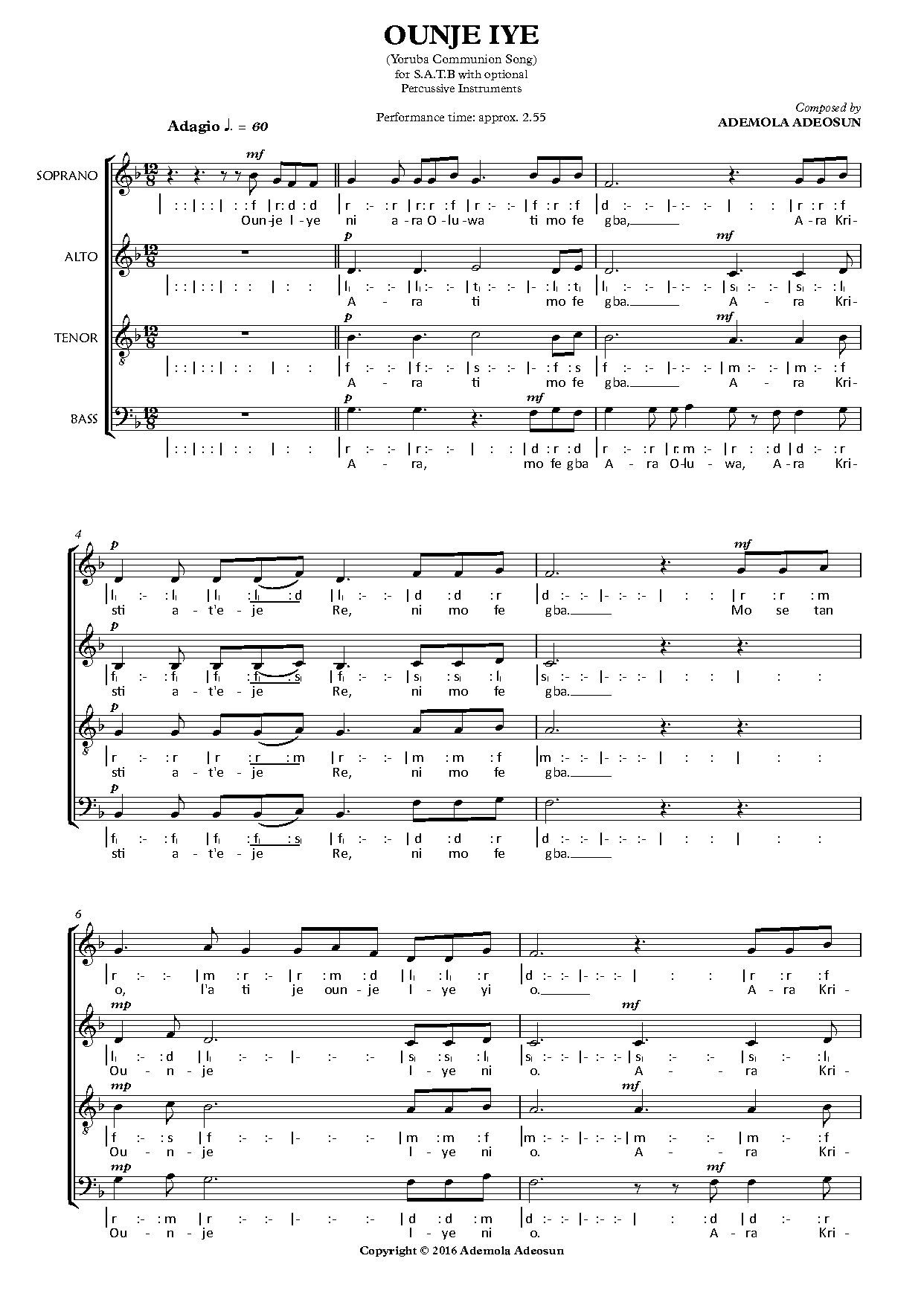 Ounje Iye Full Score - Ademola Adeosun - Download Choir Script PDF