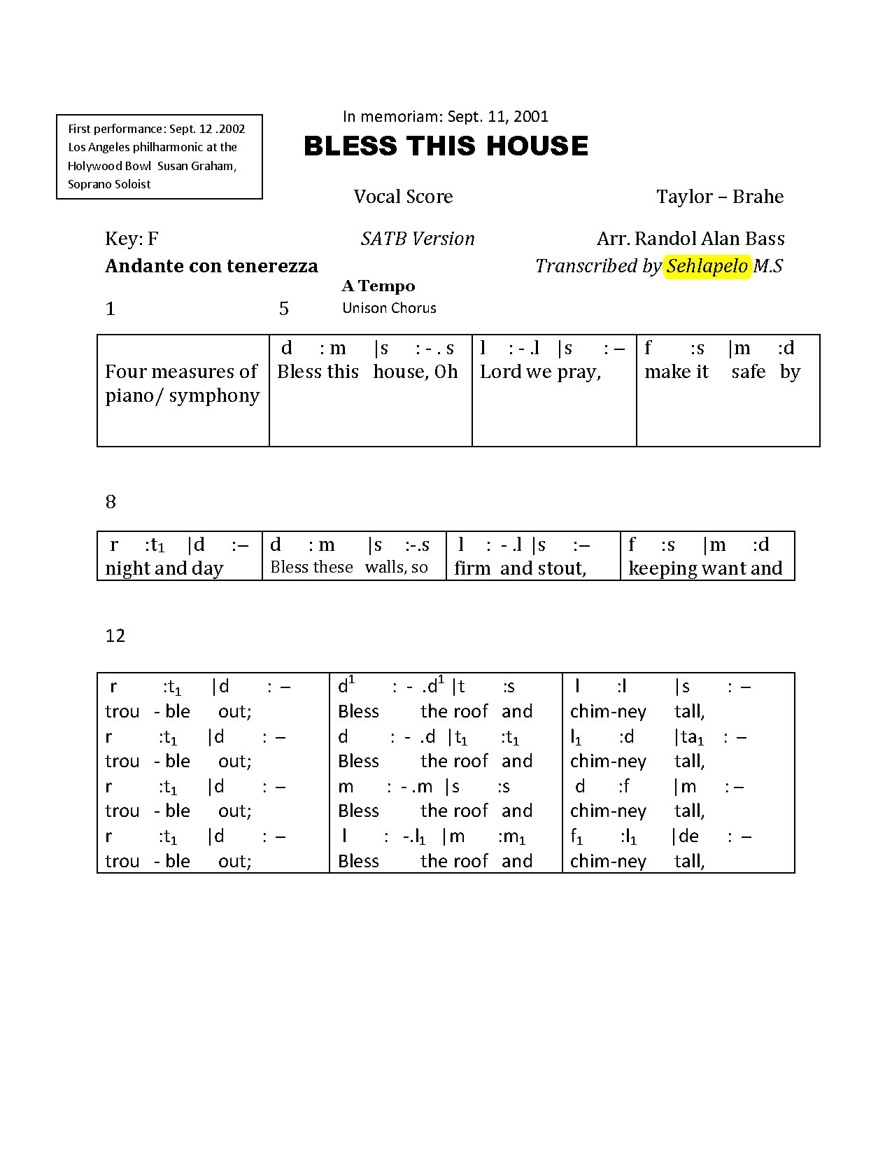 Bless This House Score - Download Choir Script PDF