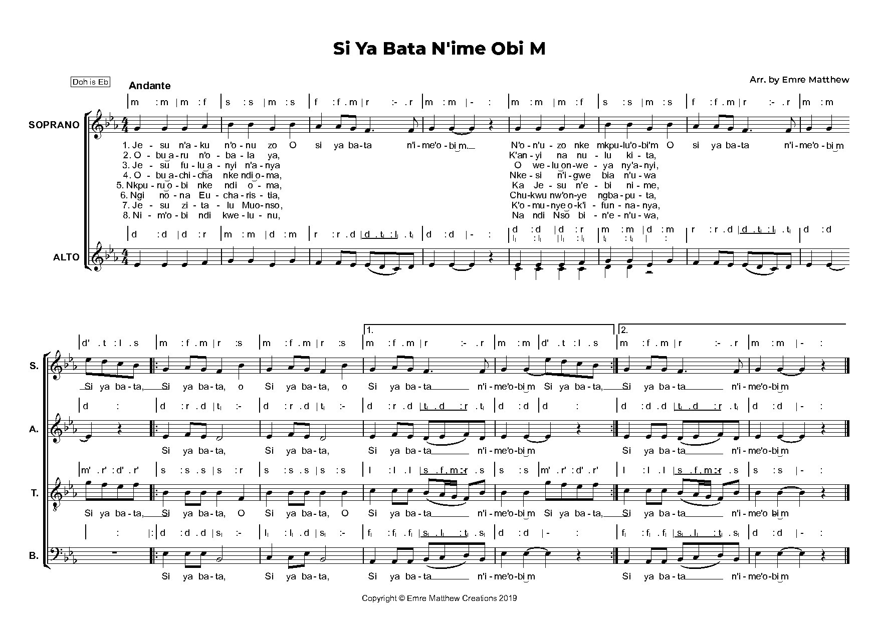 Si Ya Bata N Ime Obi M - Full Score - Download Choir Script PDF