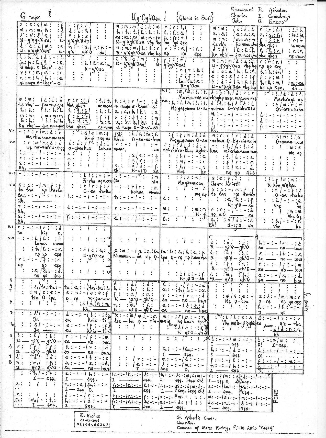 Uyi Ogh Osa - Aikodon, Onwubuya & Ezomo - Download Choir Script PDF