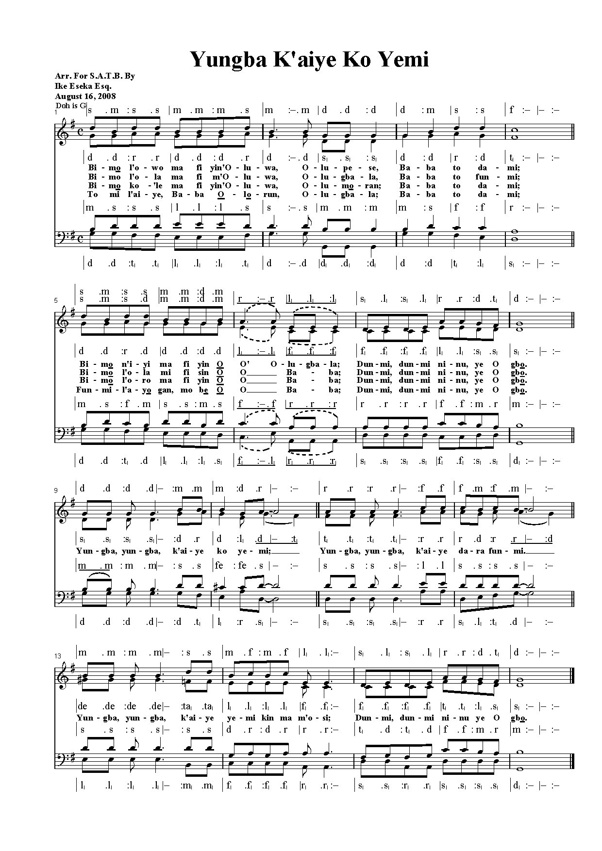 Yungba, K Aiye Ko Yemi - Download Choir Script PDF