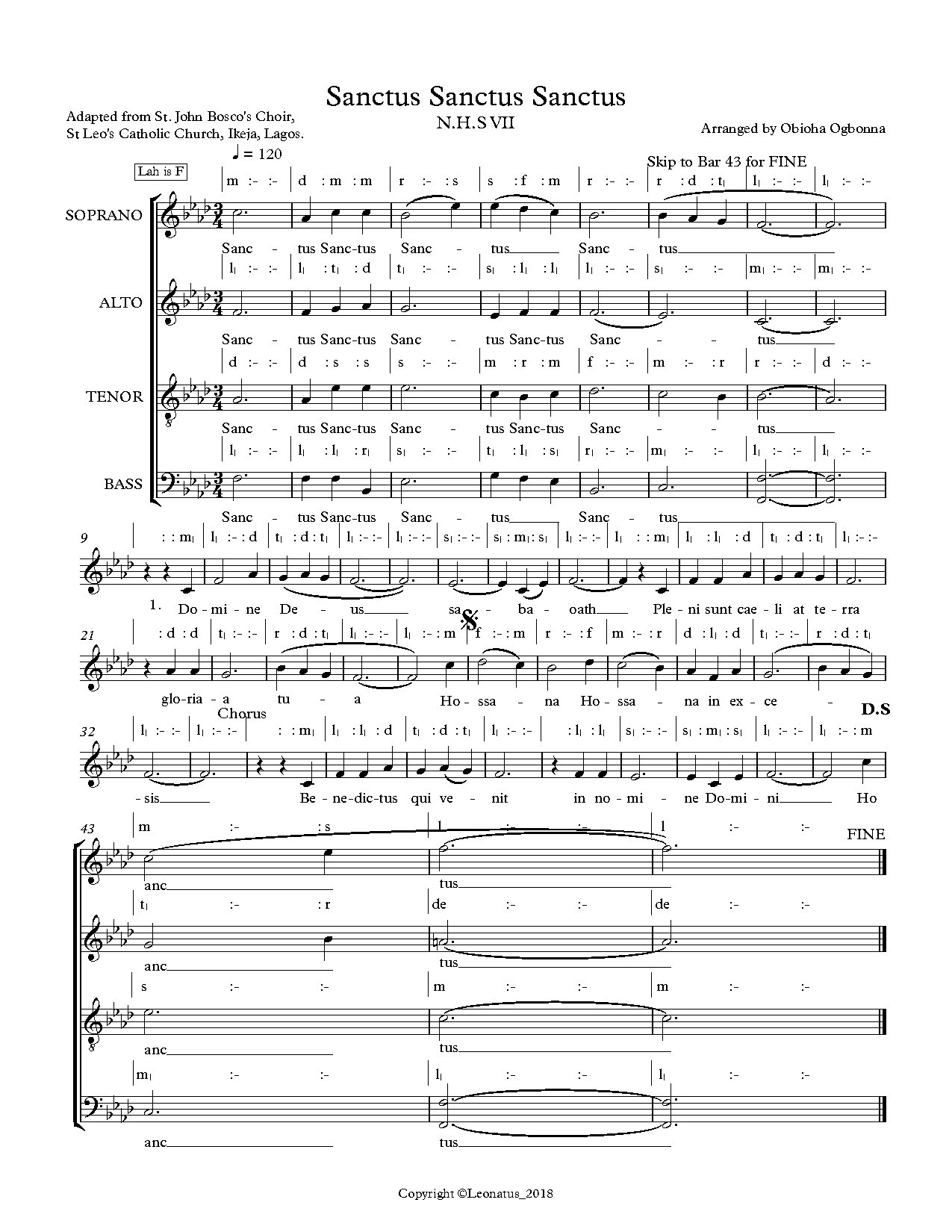 Sanctus Sanctus Sanctus - N.h.s Vii - Obioha Ogbonna - Download Choir Script PDF