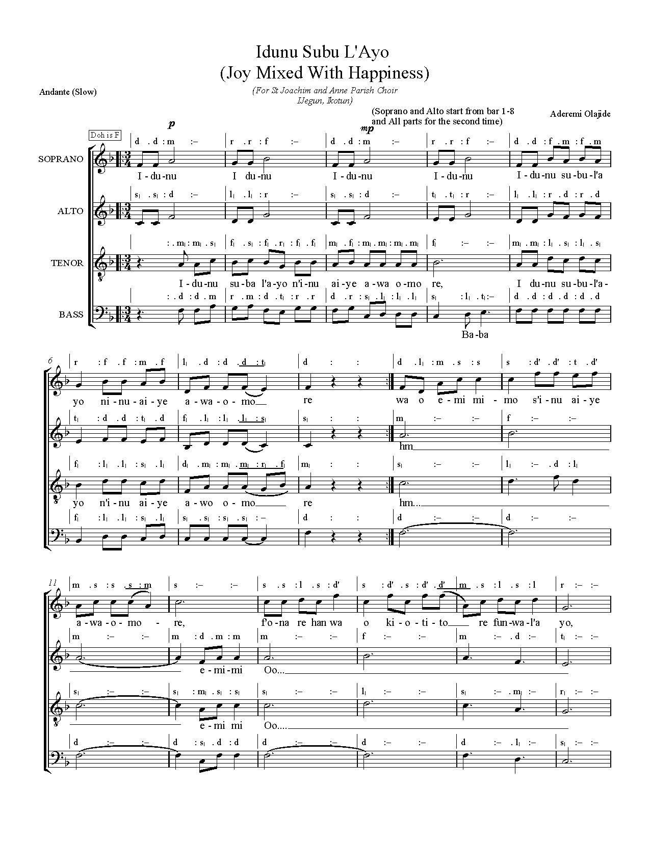 Idunu Subu L Ayo Joy Mixed With Happiness - Download Choir Script PDF