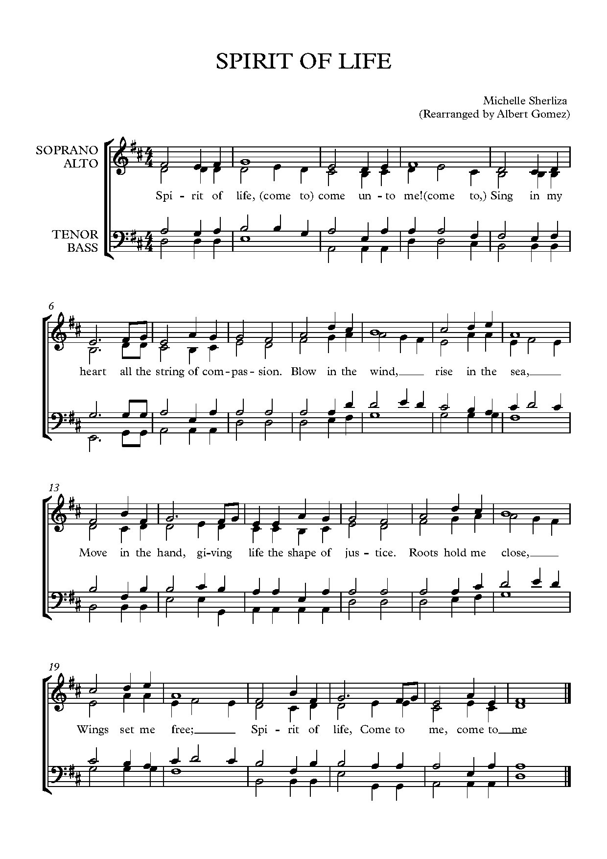 Spirit Of Life - Full Score - Download Choir Script PDF