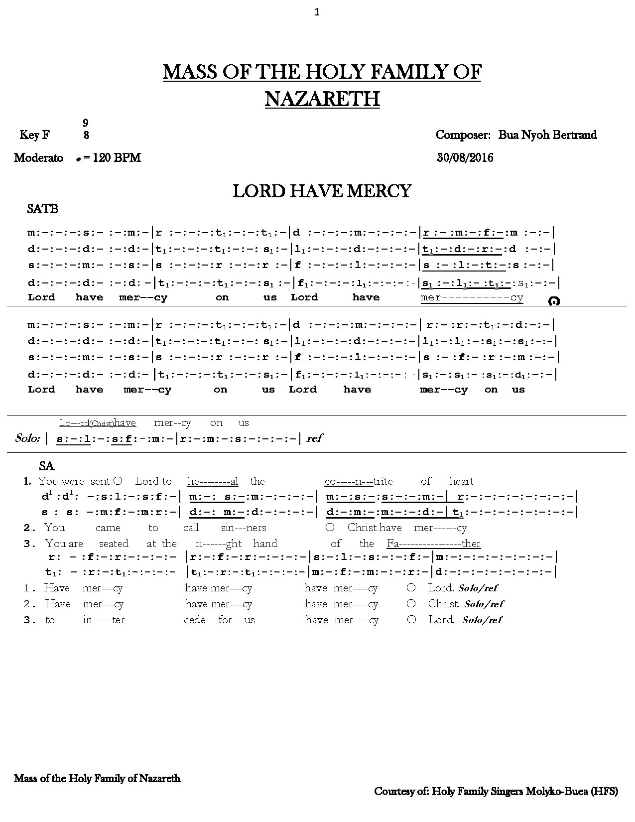 Mass Of The Holy Family Of Nazareth By Sir Bua Final 09 August 2017 - Download Choir Script PDF