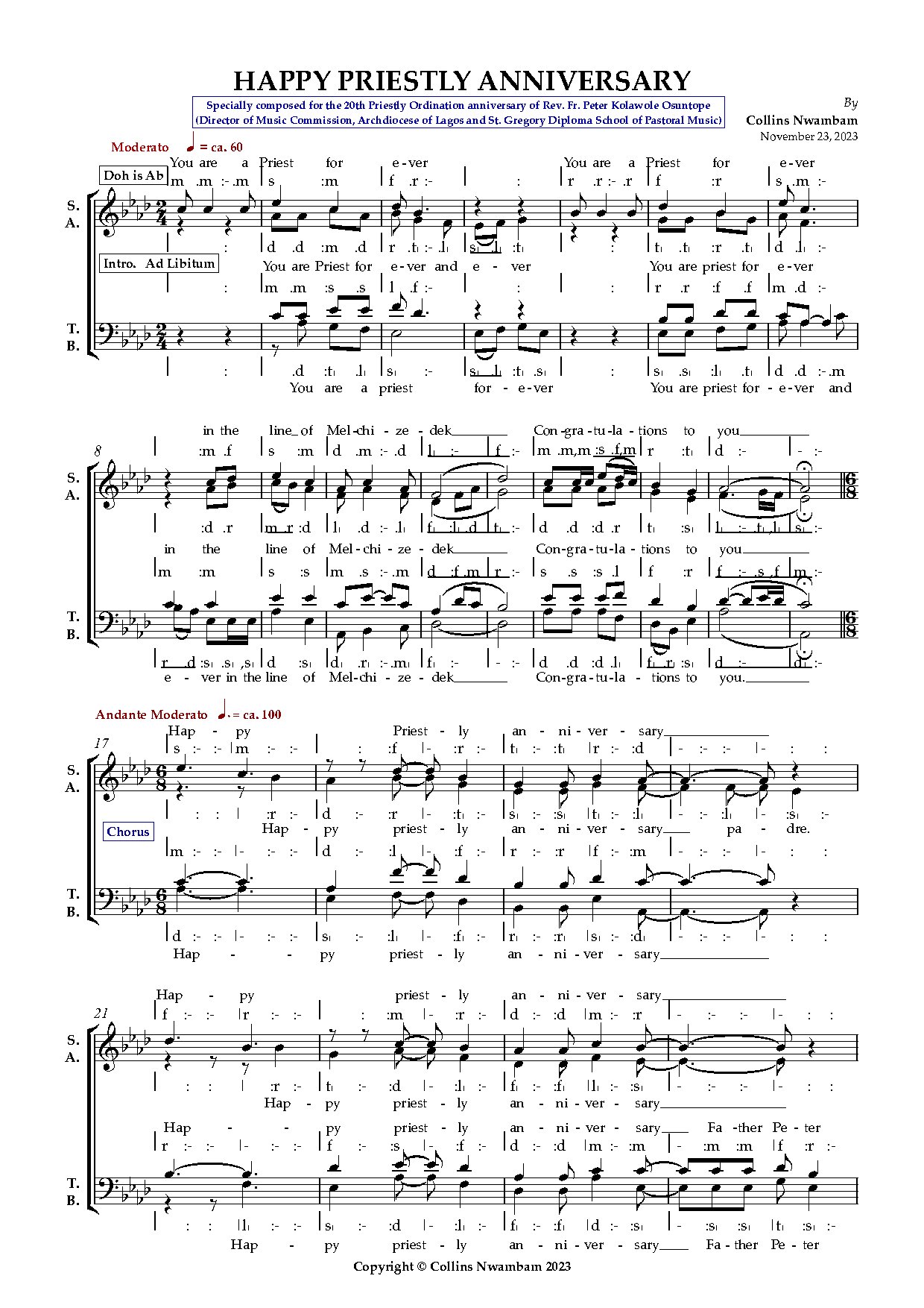 Happy Priestly Anniversary ~ Collins Nwambam - Download Choir Script PDF