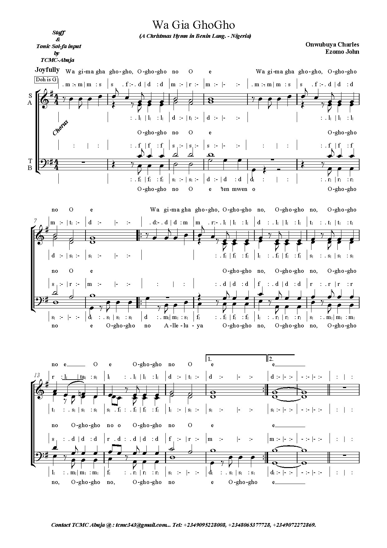 Wa Gia Ghogho - Onwubuya Charles & Ezomo John - Download Choir Script PDF