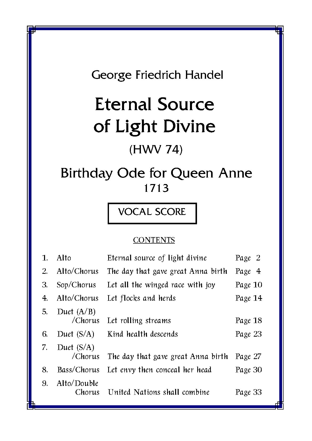 Handel - Birthday Ode For Queen Anne (vocal Score)