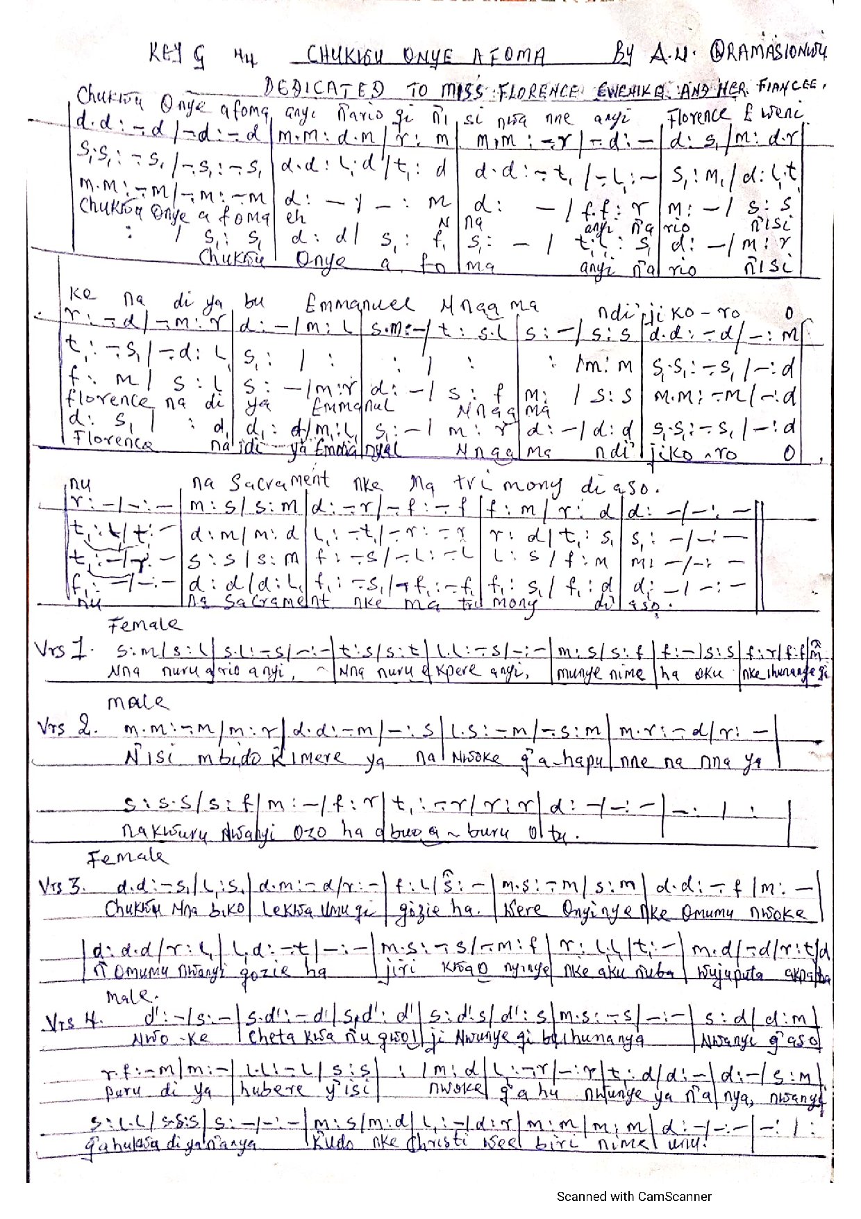 Chukwu Onye Afoma ~ A. U. Oramasionwu - Download Choir Script PDF