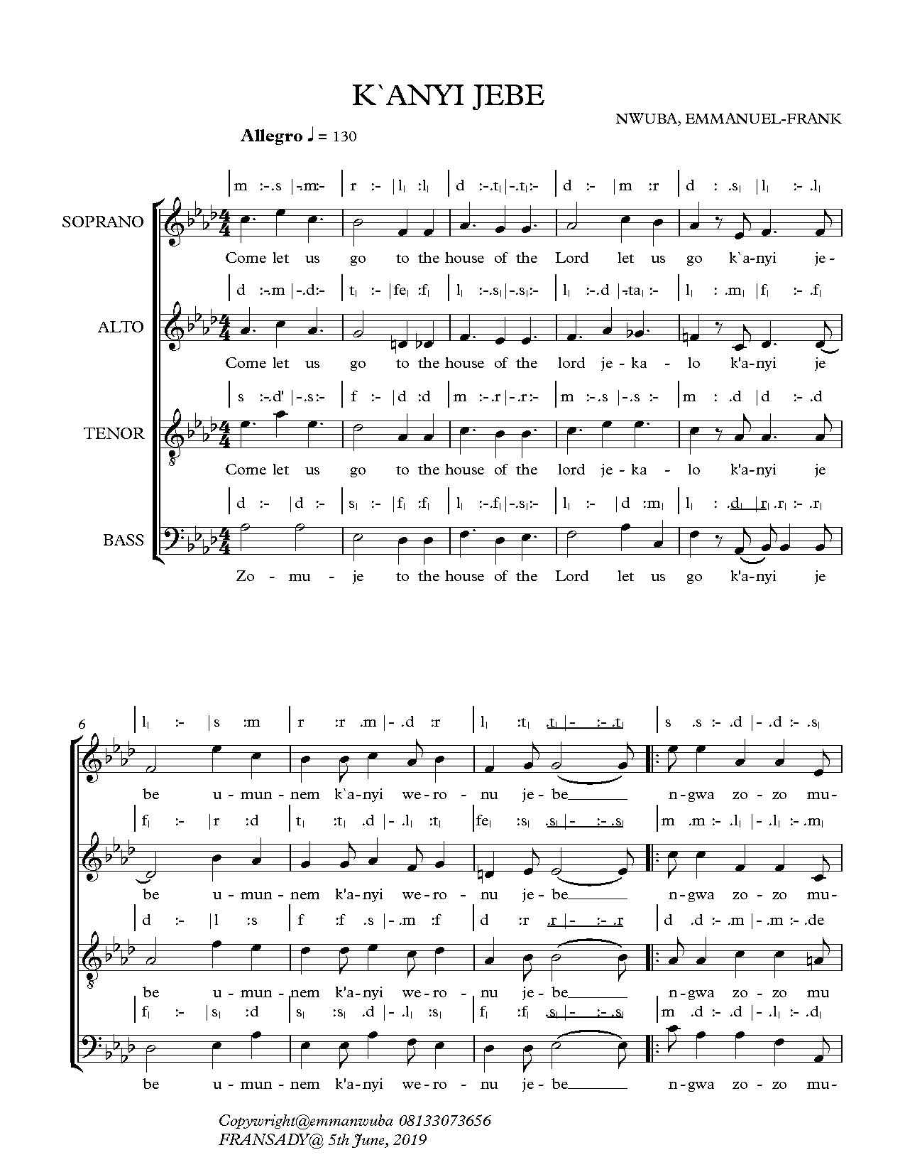 K`anyi Jebe - Full Score - Download Choir Script PDF