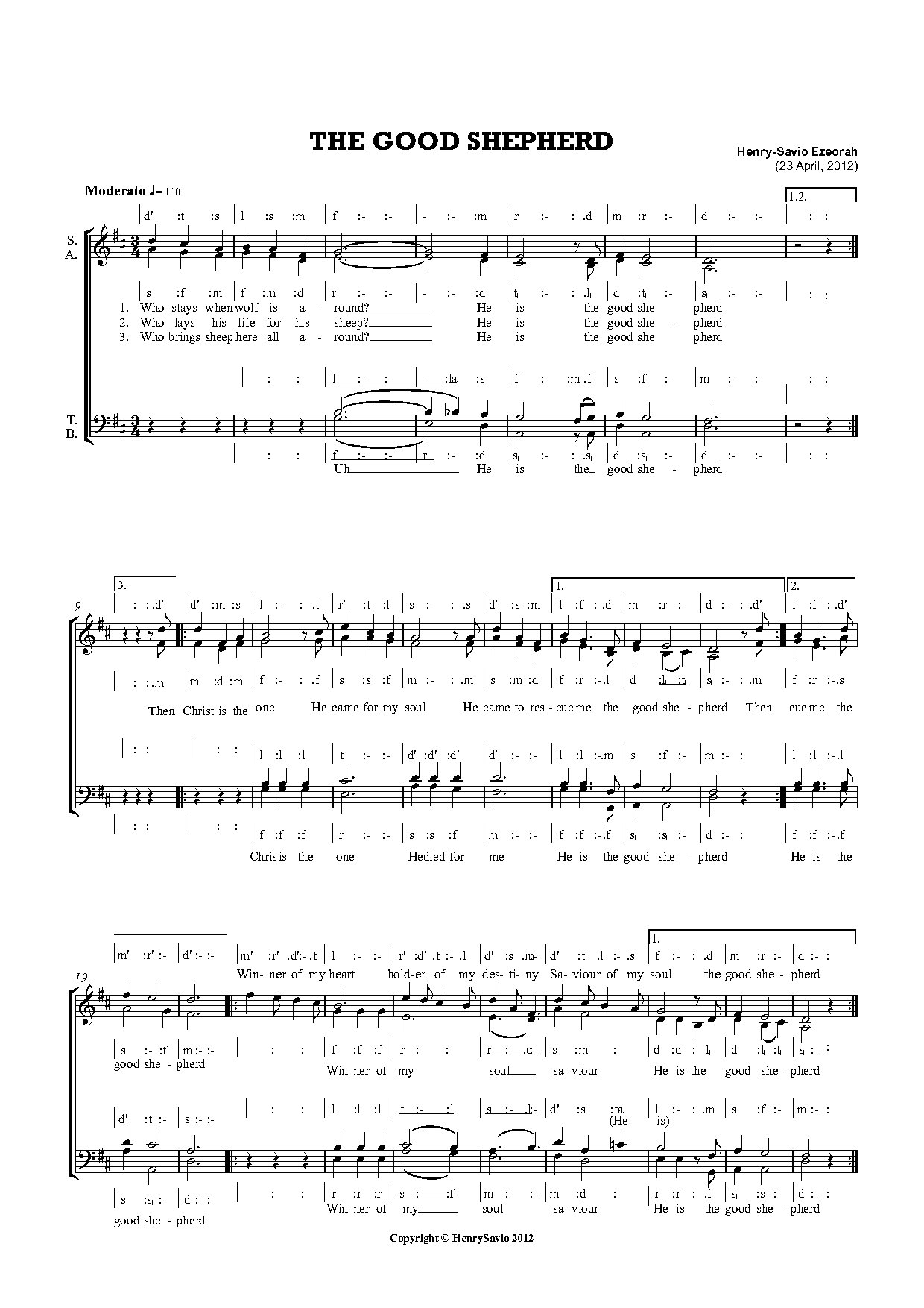 The Good Shepherd- Henrysavio(choir Score) - Download Choir Script PDF