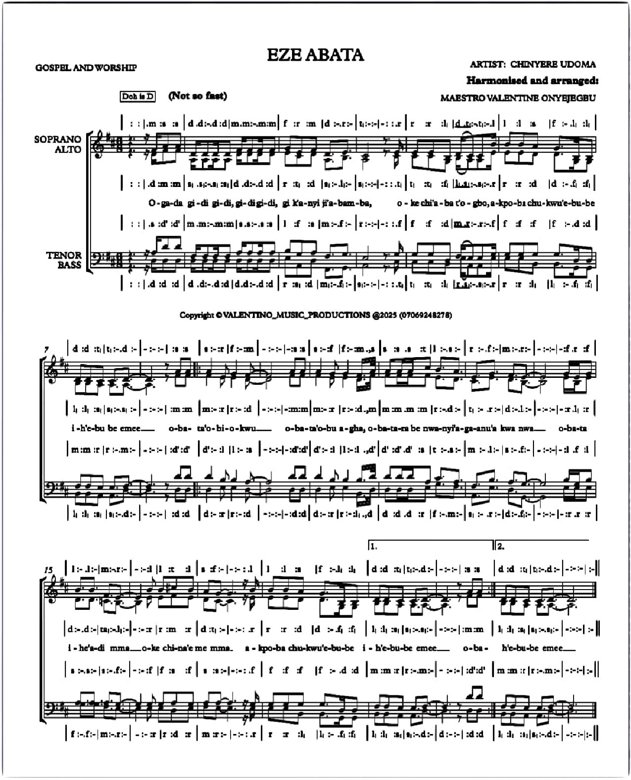Eze Abata By Chinyere Udoma & Harm. By Maestro Valentine Onyejegbu - Download Choir Script PDF