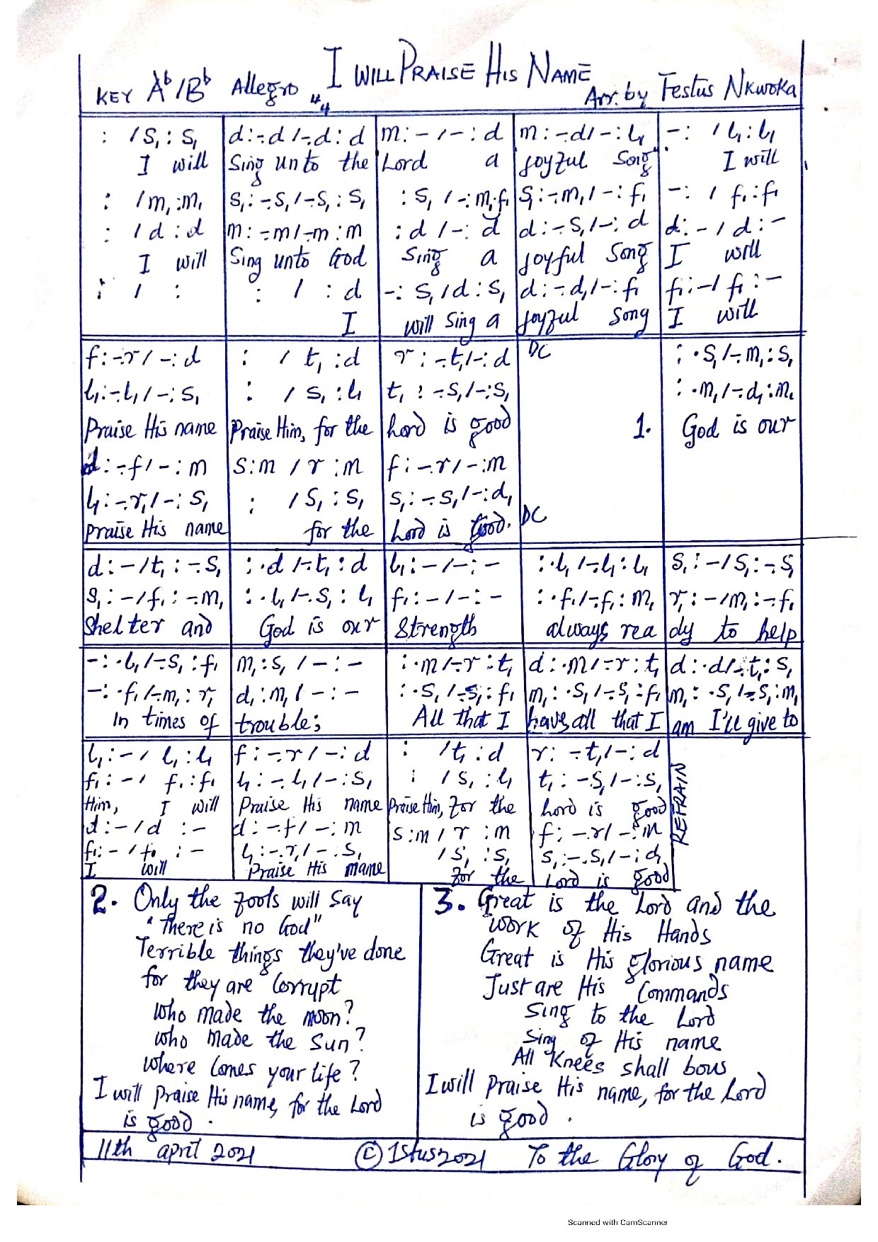 I Will Praise His Name (offertory, Dismissal) By Festus Nkwoka - Download Choir Script PDF