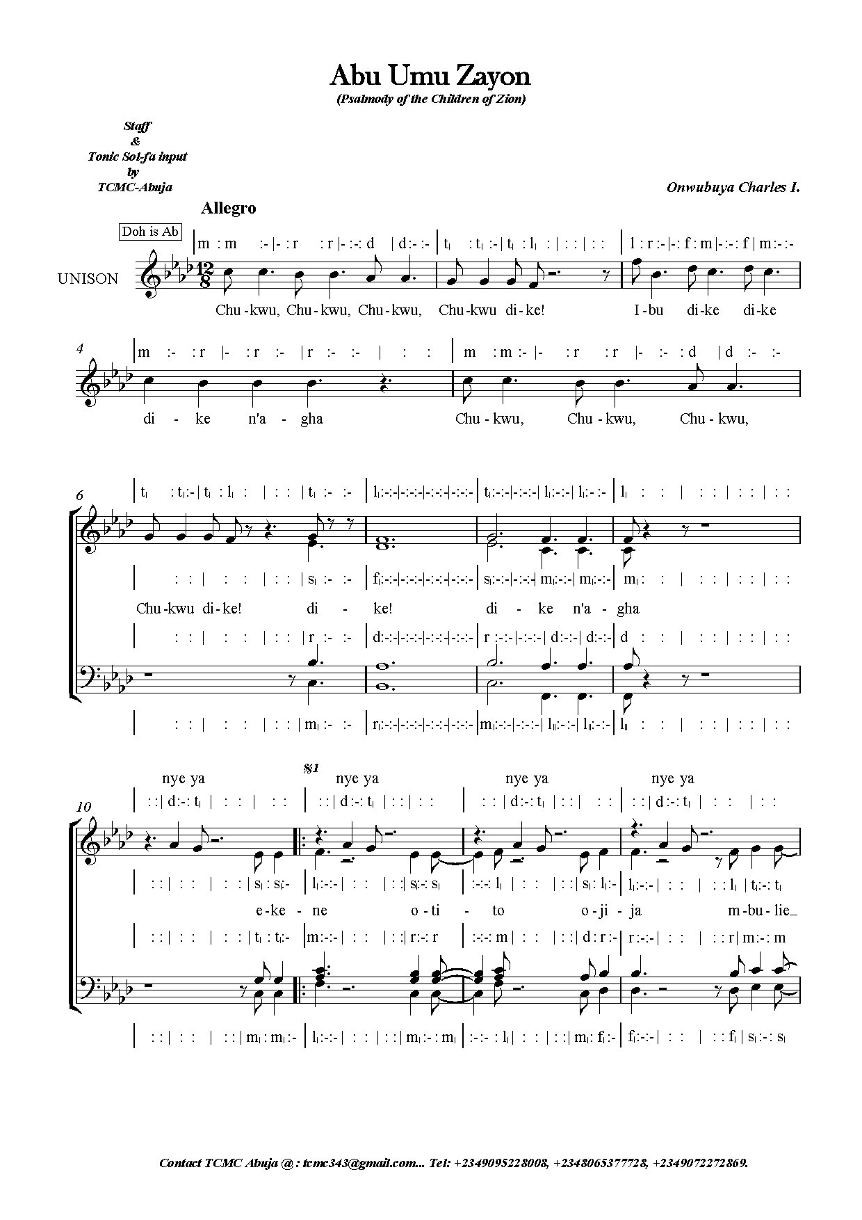 (Concert) Abu Umu Zayon - Onwubuya Charles - Download Choir Script PDF