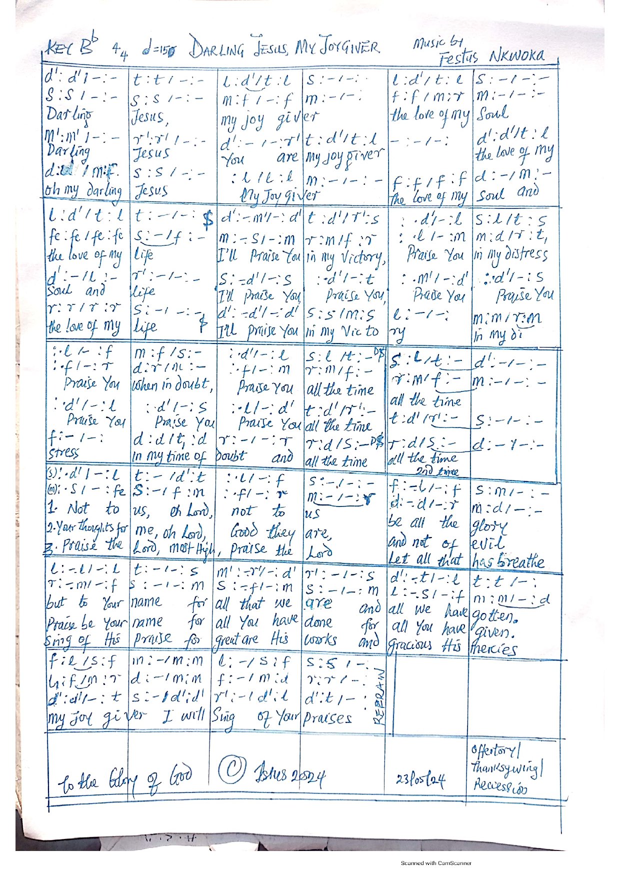 Darling Jesus, My Joy Giver (offertory, Dismissal) By Festus Nkwoka - Download Choir Script PDF