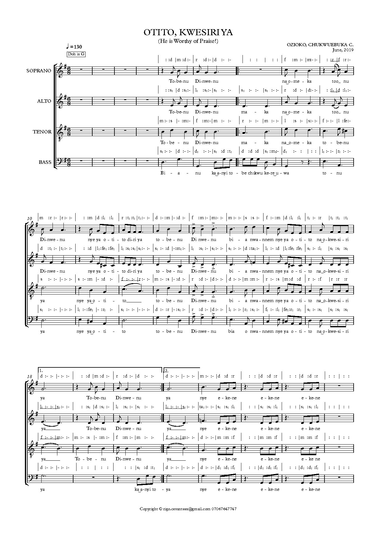 Otito, Okwesiri Ya - Full Score - Download Choir Script PDF