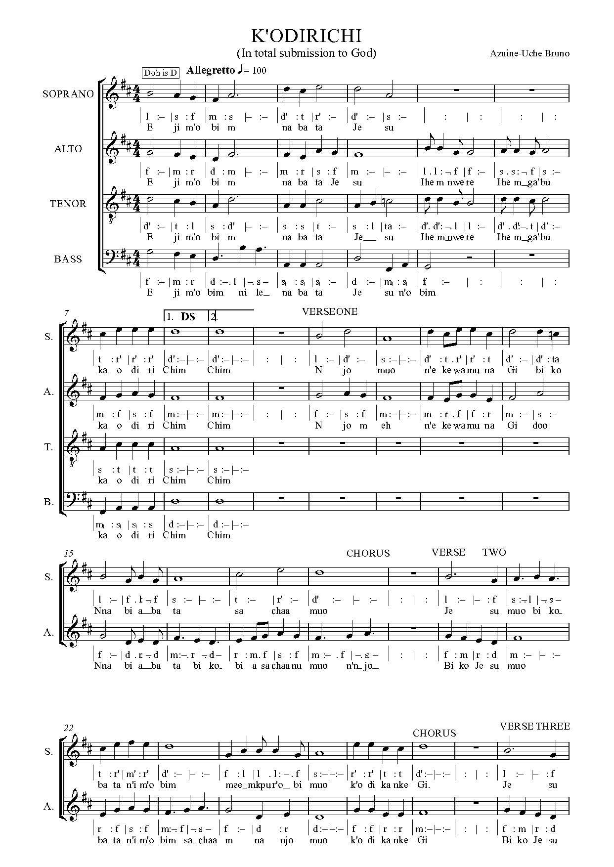 Kaodirichi - Full Score - Download Choir Script PDF