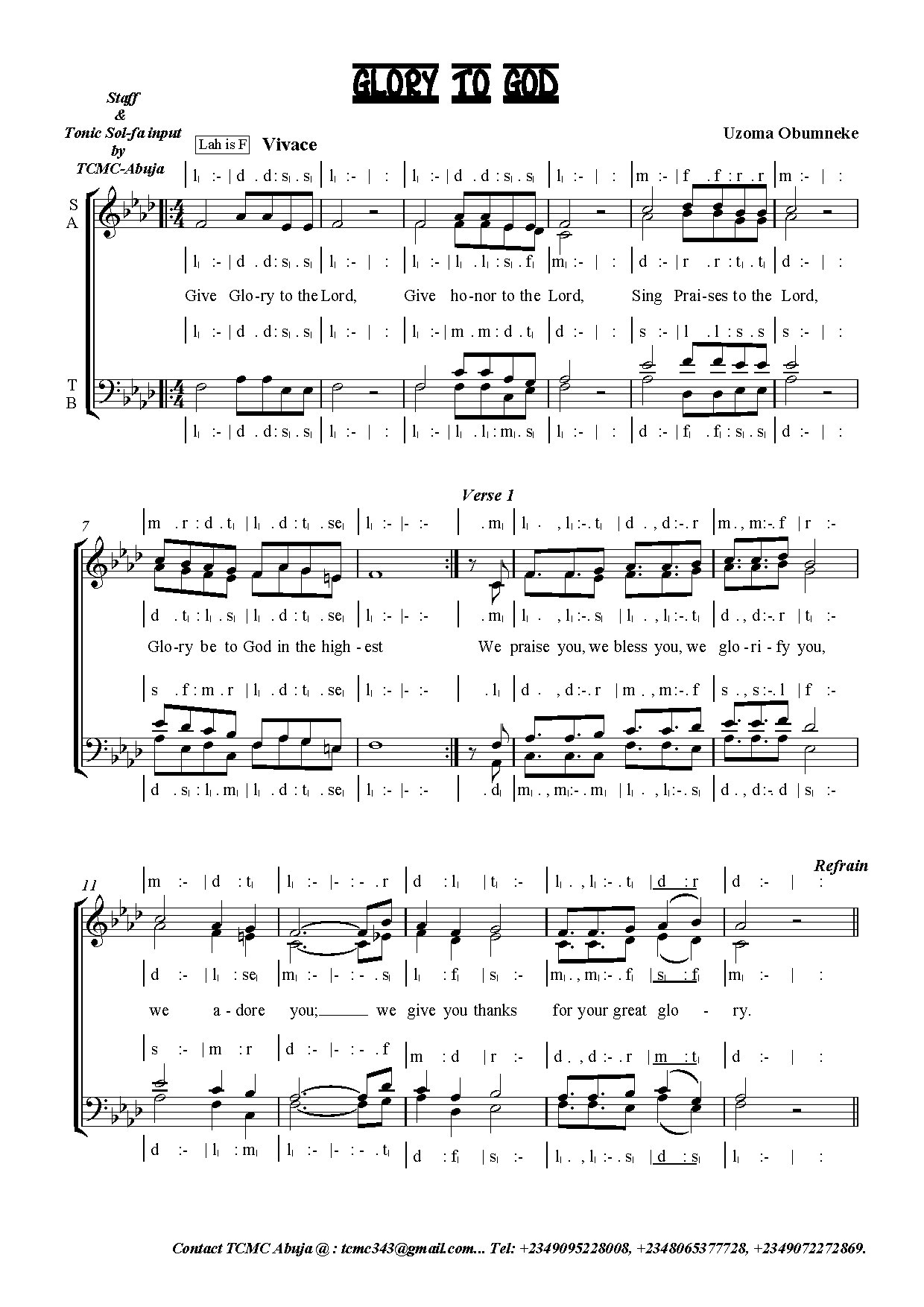 Glory To God - Uzoma Obumneke - Download Choir Script PDF
